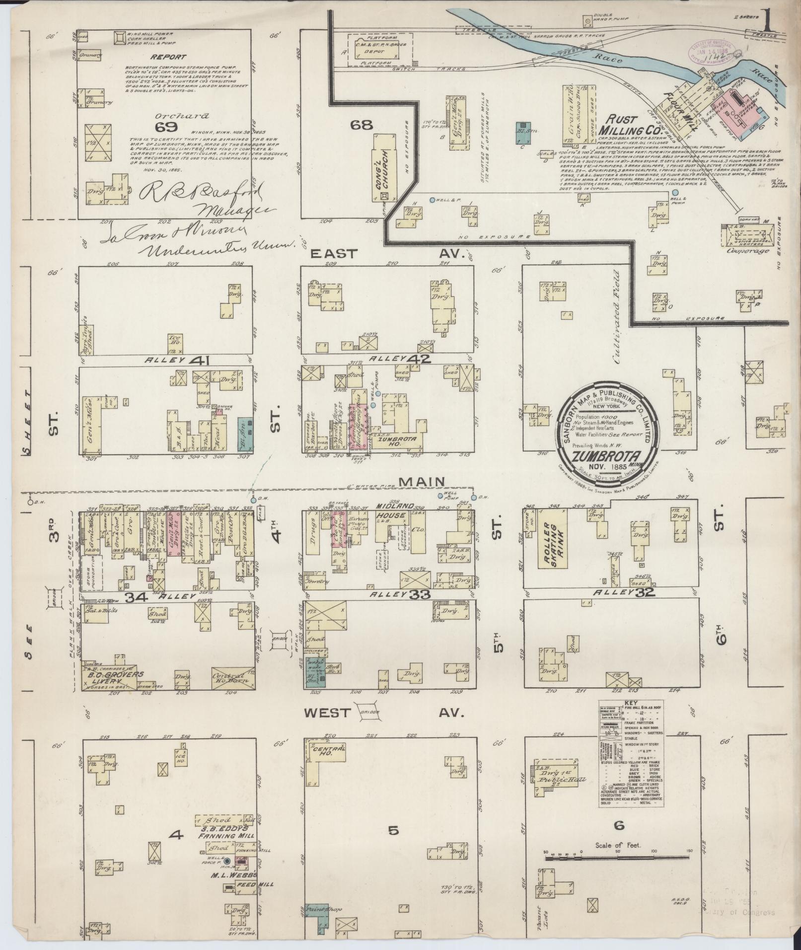 Sanborn Fire Insurance Map from Zumbrota, Goodhue County, Minnesota (1885), Sheet #0001 - Complete Map Set gallery image, historic Sanborn map, vintage wall art, Minnesota Minnesota