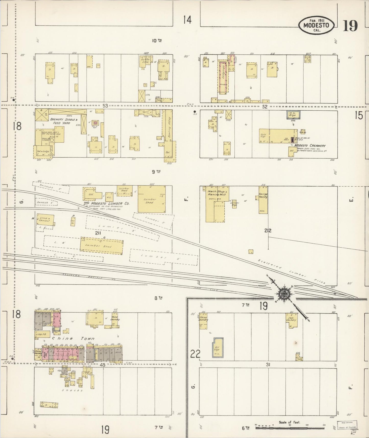 Sanborn Fire Insurance Map from Modesto, Stanislaus County, California (1911), Sheet #0019 - Complete Map Set gallery image, historic Sanborn map, vintage wall art, California California