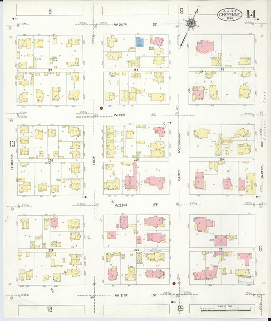 Sanborn Fire Insurance Map from Cheyenne, Laramie County, Wyoming (1912), Sheet #0014 - Historic Sanborn Fire Insurance Map Print, vintage old map wall art, antique decor, genealogy gift, Wyoming Wyoming map