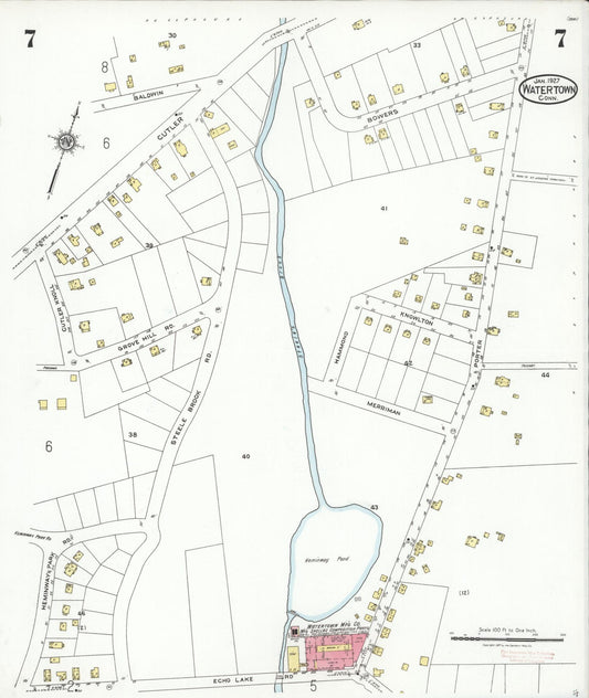 Sanborn Fire Insurance Map from Watertown, Litchfield County, Connecticut (1927), Sheet #0007 - Historic Sanborn Fire Insurance Map Print, vintage old map wall art, antique decor, genealogy gift, Connecticut Connecticut map