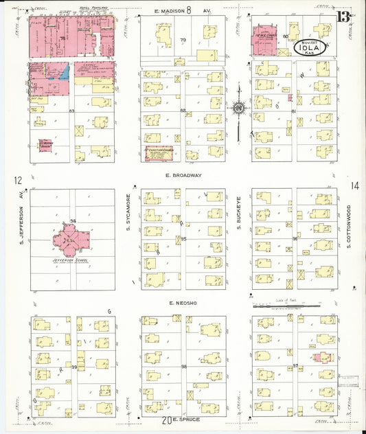 Sanborn Fire Insurance Map from Iola, Allen County, Kansas (1917), Sheet #0013 - Historic Sanborn Fire Insurance Map Print, vintage old map wall art, antique decor, genealogy gift, Kansas Kansas map