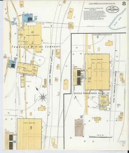 Sanborn Fire Insurance Map from Lake Linden, Houghton County, Michigan (1908), Sheet #0008 - Complete Map Set gallery image, historic Sanborn map, vintage wall art, Michigan Michigan