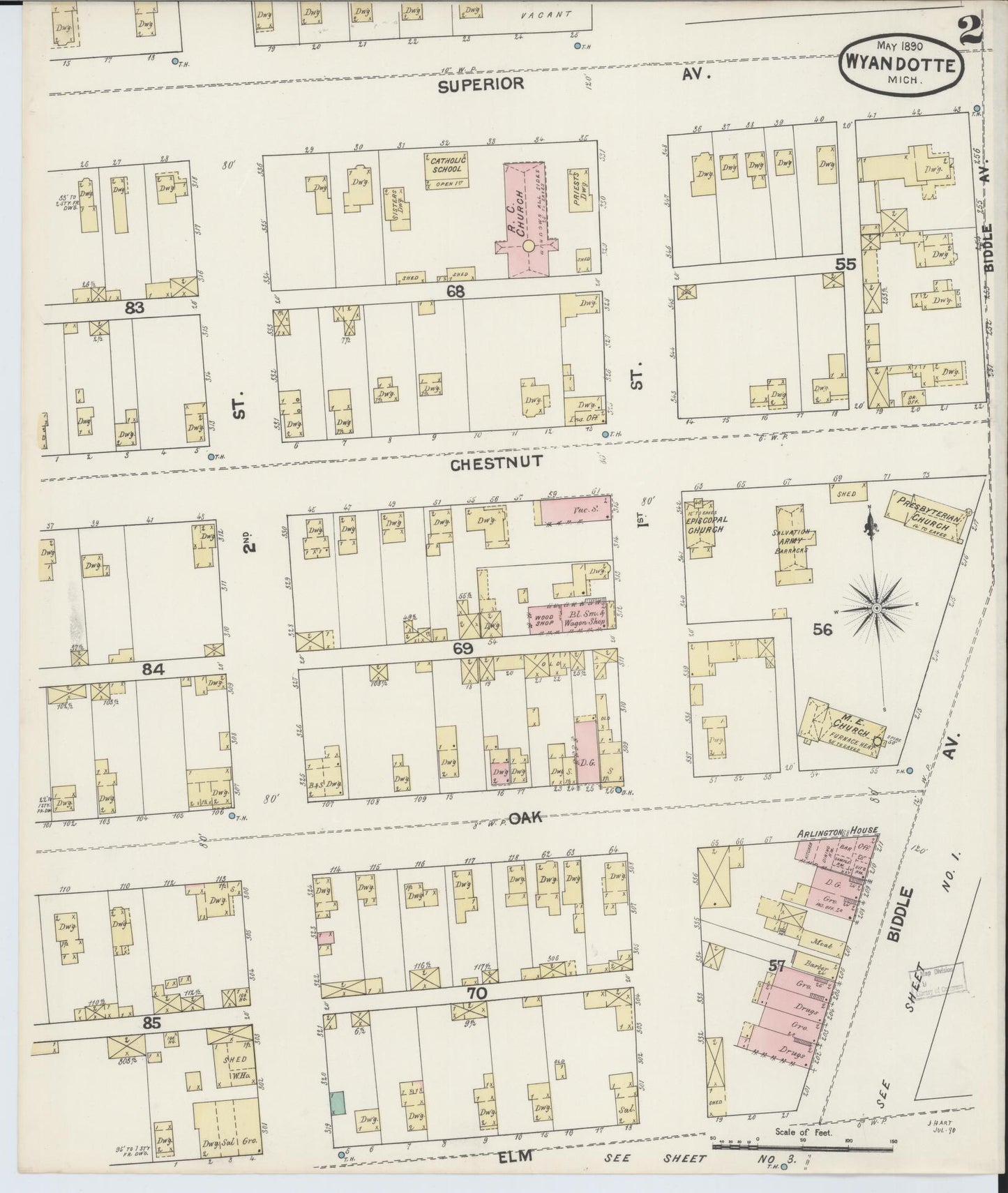 Sanborn Fire Insurance Map from Wyandotte, Wayne County, Michigan (1890), Sheet #0002 - Complete Map Set gallery image, historic Sanborn map, vintage wall art, Michigan Michigan