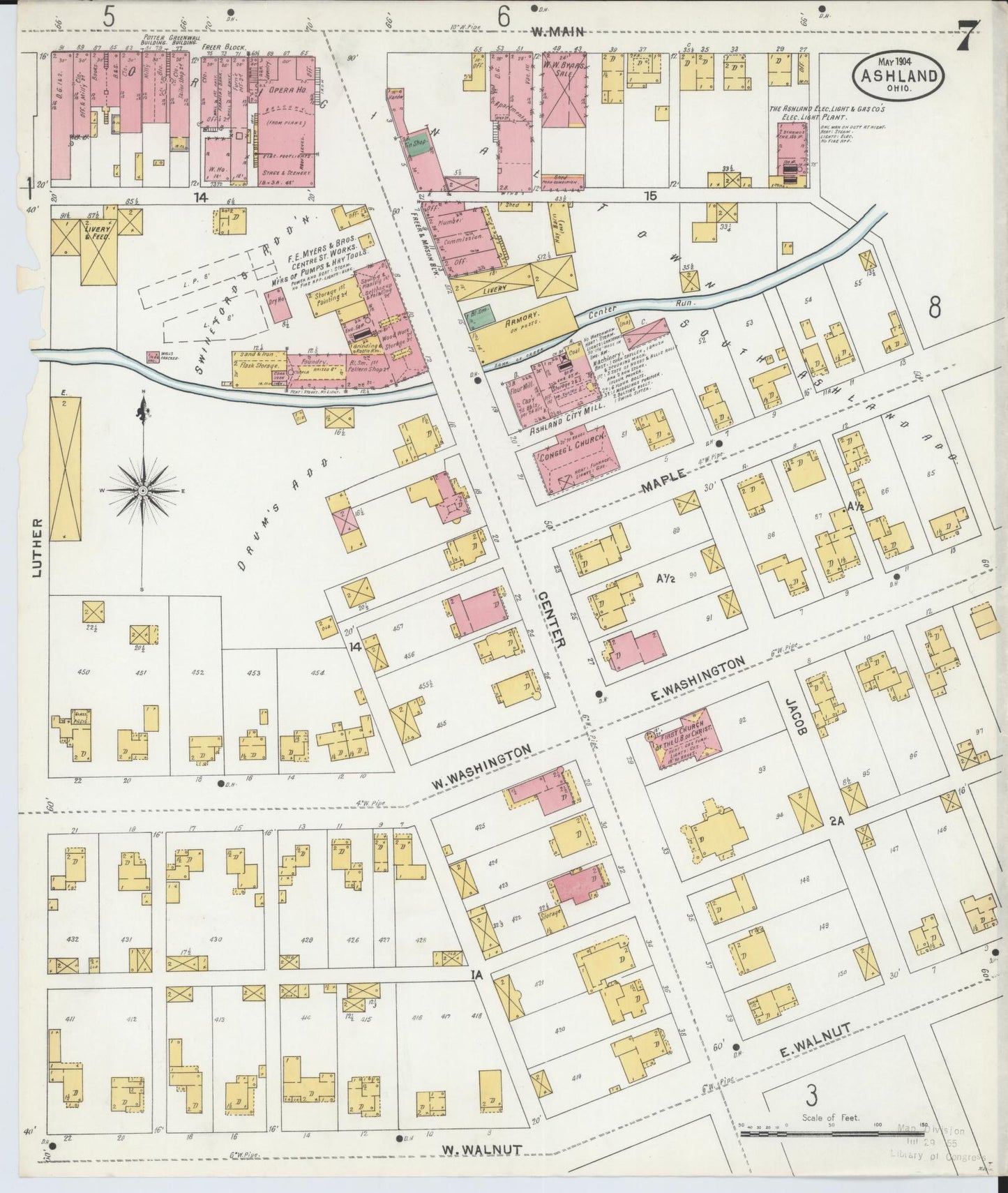 Sanborn Fire Insurance Map from Ashland, Ashland County, Ohio (1904), Sheet #0007 - Historic Sanborn Fire Insurance Map Print, vintage old map wall art, antique decor, genealogy gift, Ohio Ohio map