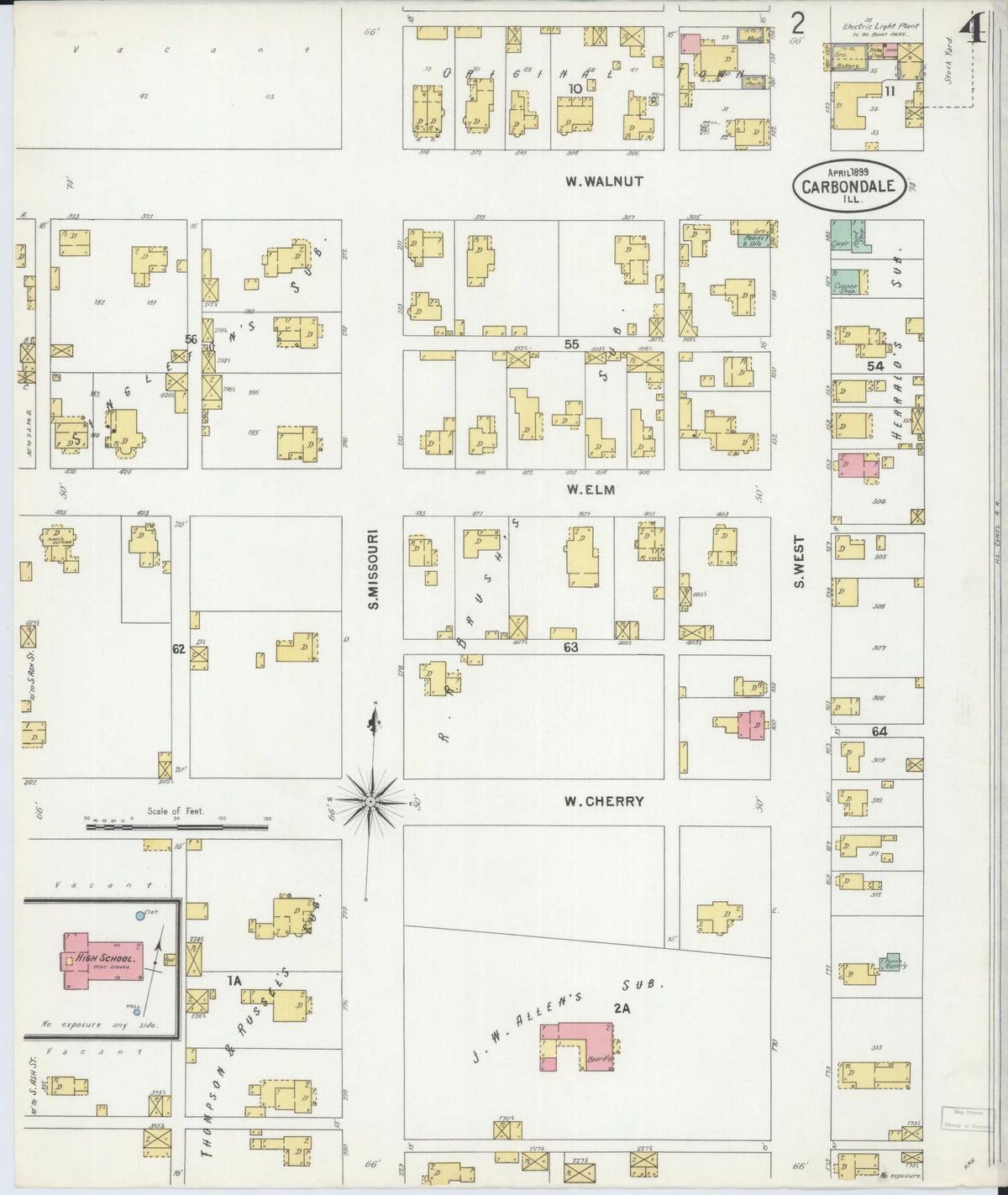 Sanborn Fire Insurance Map from Carbondale, Jackson County, Illinois (1899), Sheet #0004 - Complete Map Set gallery image, historic Sanborn map, vintage wall art, Illinois Illinois