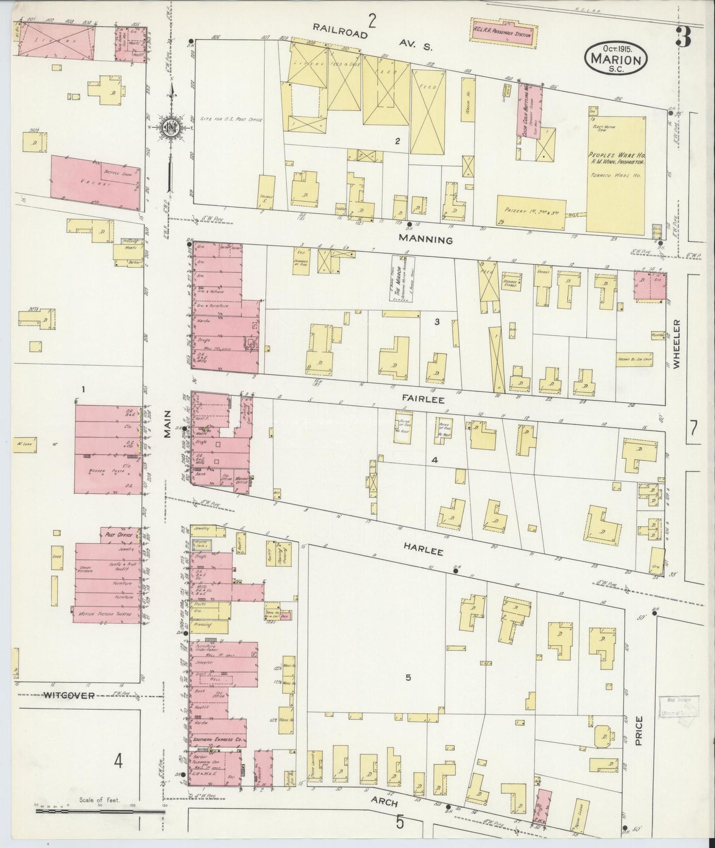Sanborn Fire Insurance Map from Marion, Marion County, South Carolina (1915), Sheet #0003 - Complete Map Set gallery image, historic Sanborn map, vintage wall art, South Carolina South Carolina