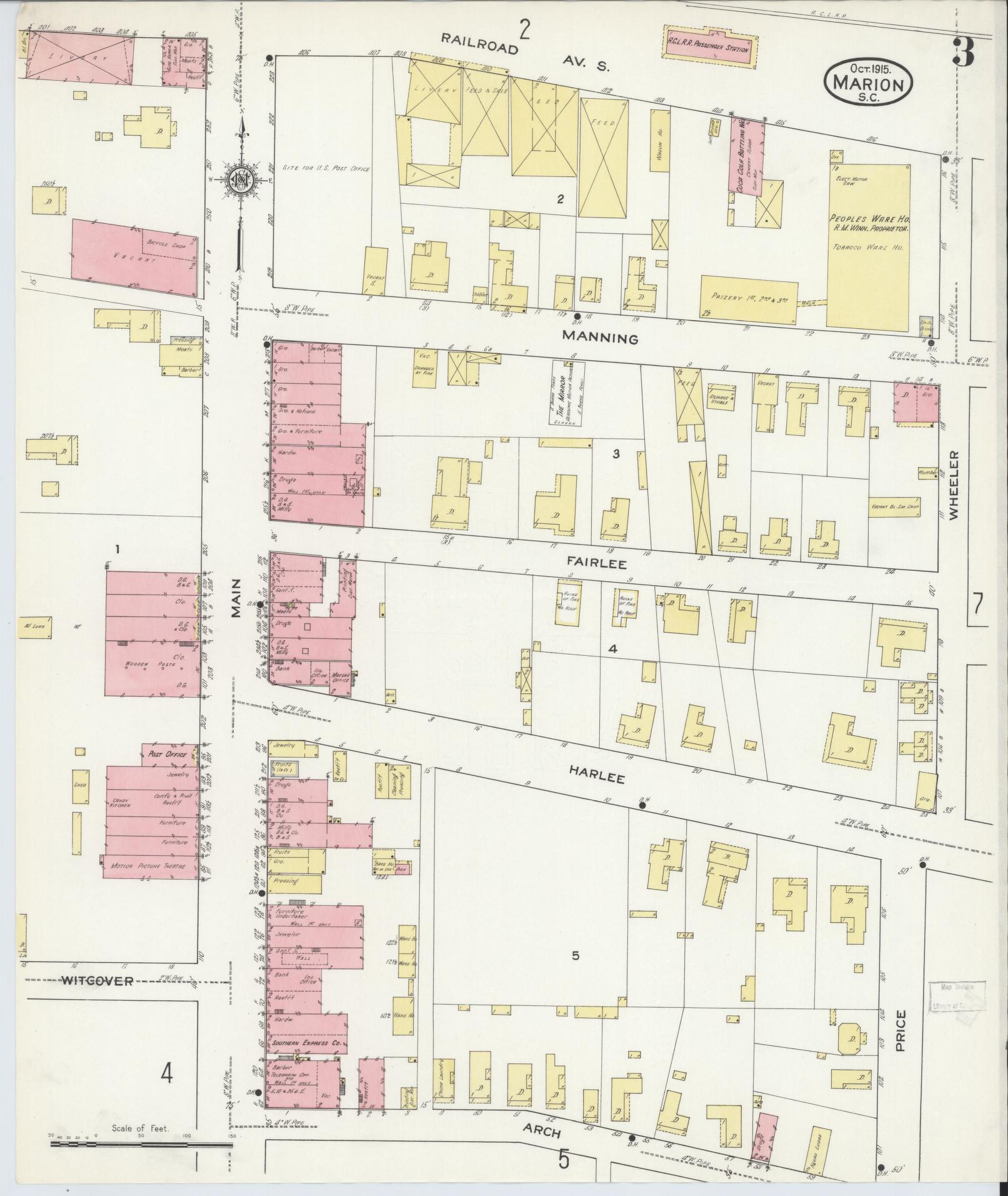 Sanborn Fire Insurance Map from Marion, Marion County, South Carolina (1915), Sheet #0003 - Complete Map Set gallery image, historic Sanborn map, vintage wall art, South Carolina South Carolina