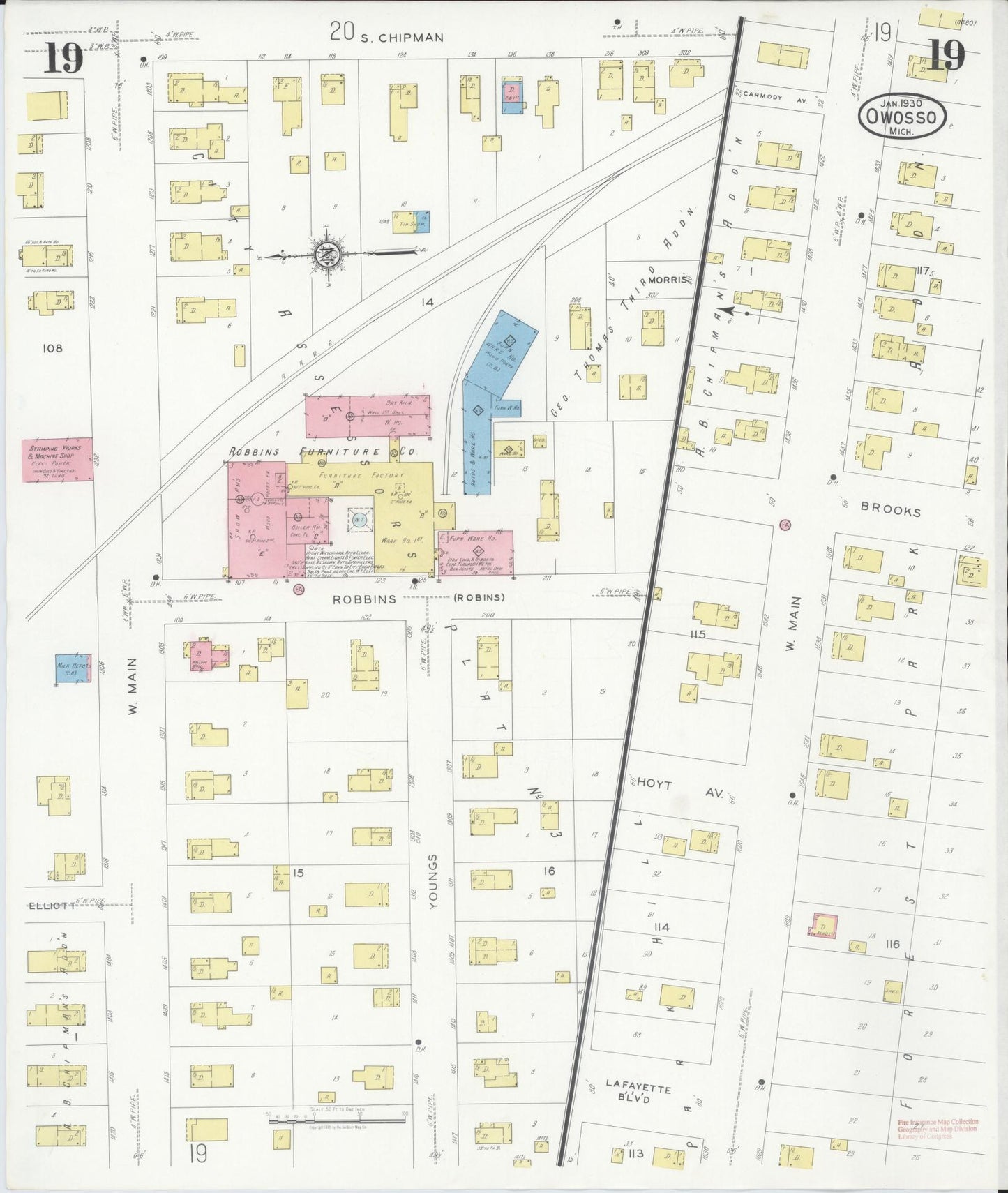 Sanborn Fire Insurance Map from Owosso, Shiawassee County, Michigan (1930), Sheet #0019 - Complete Map Set gallery image, historic Sanborn map, vintage wall art, Michigan Michigan