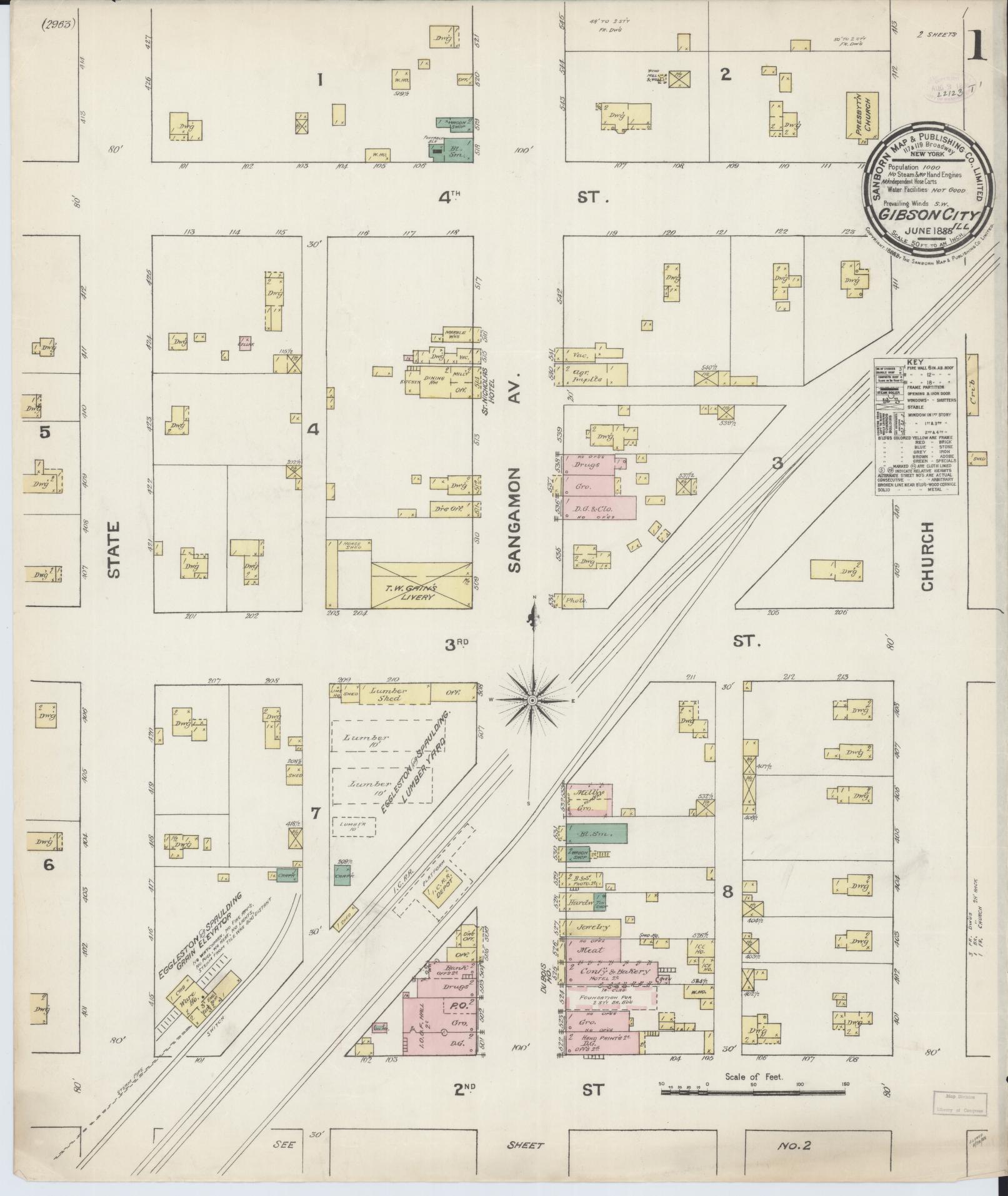 Sanborn Fire Insurance Map from Gibson City, Ford County, Illinois (1888), Sheet #0001 - Historic Sanborn Fire Insurance Map Print, vintage old map wall art, antique decor, genealogy gift, Illinois Illinois map