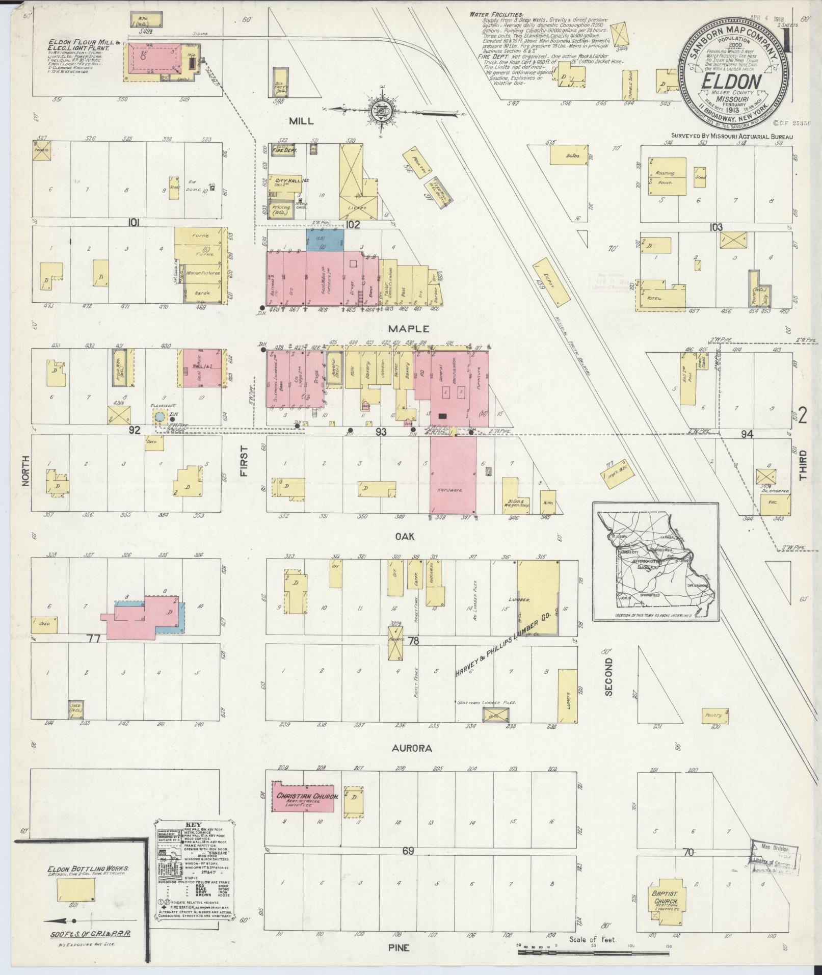 Sanborn Fire Insurance Map from Eldon, Miller County, Missouri (1913), Sheet #0001 - Complete Map Set gallery image, historic Sanborn map, vintage wall art, Missouri Missouri