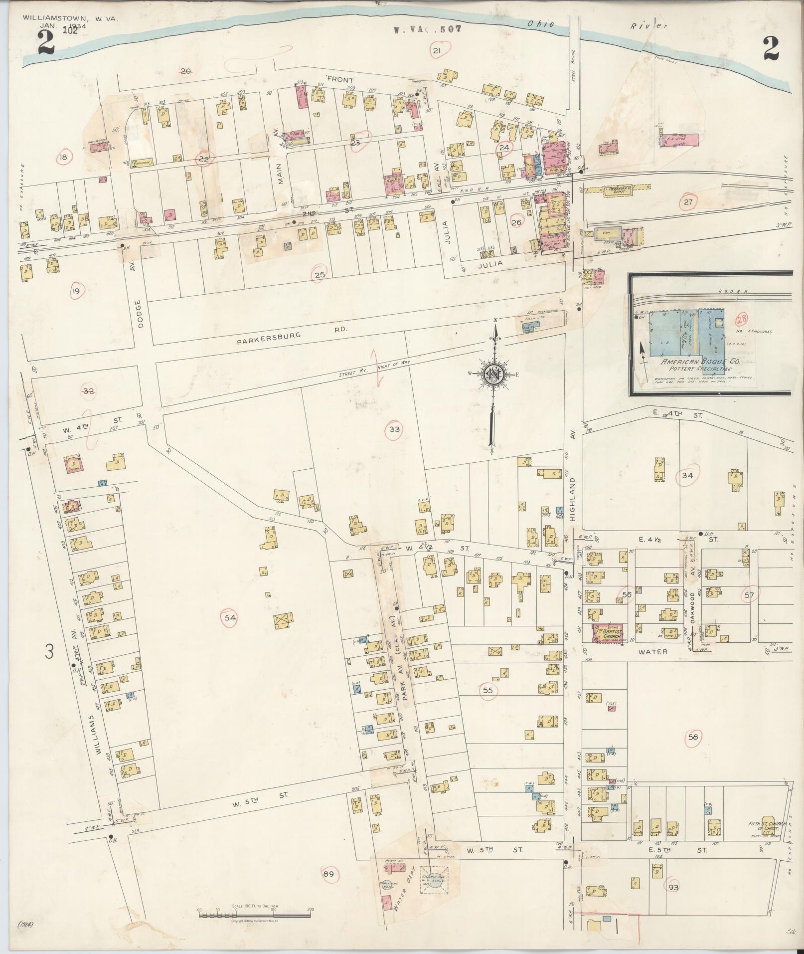 Sanborn Fire Insurance Map from Williamstown, Wood County, West Virginia (1945), Sheet #0002 - Historic Sanborn Fire Insurance Map Print, vintage old map wall art, antique decor, genealogy gift, West Virginia West Virginia map