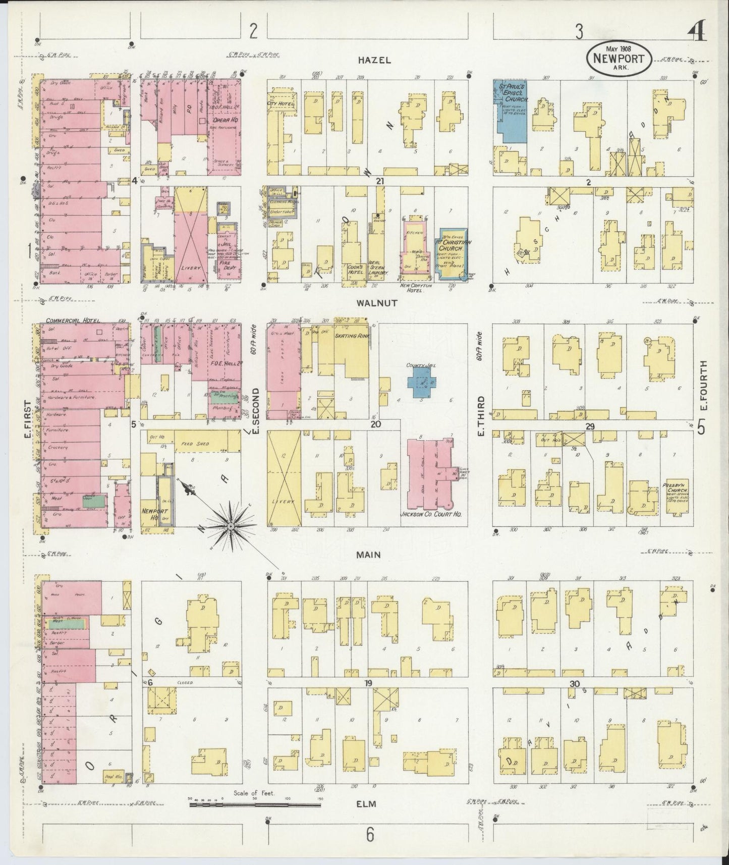 Sanborn Fire Insurance Map from Newport, Jackson County, Arkansas (1908), Sheet #0004 - Historic Sanborn Fire Insurance Map Print, vintage old map wall art, antique decor, genealogy gift, Arkansas Arkansas map