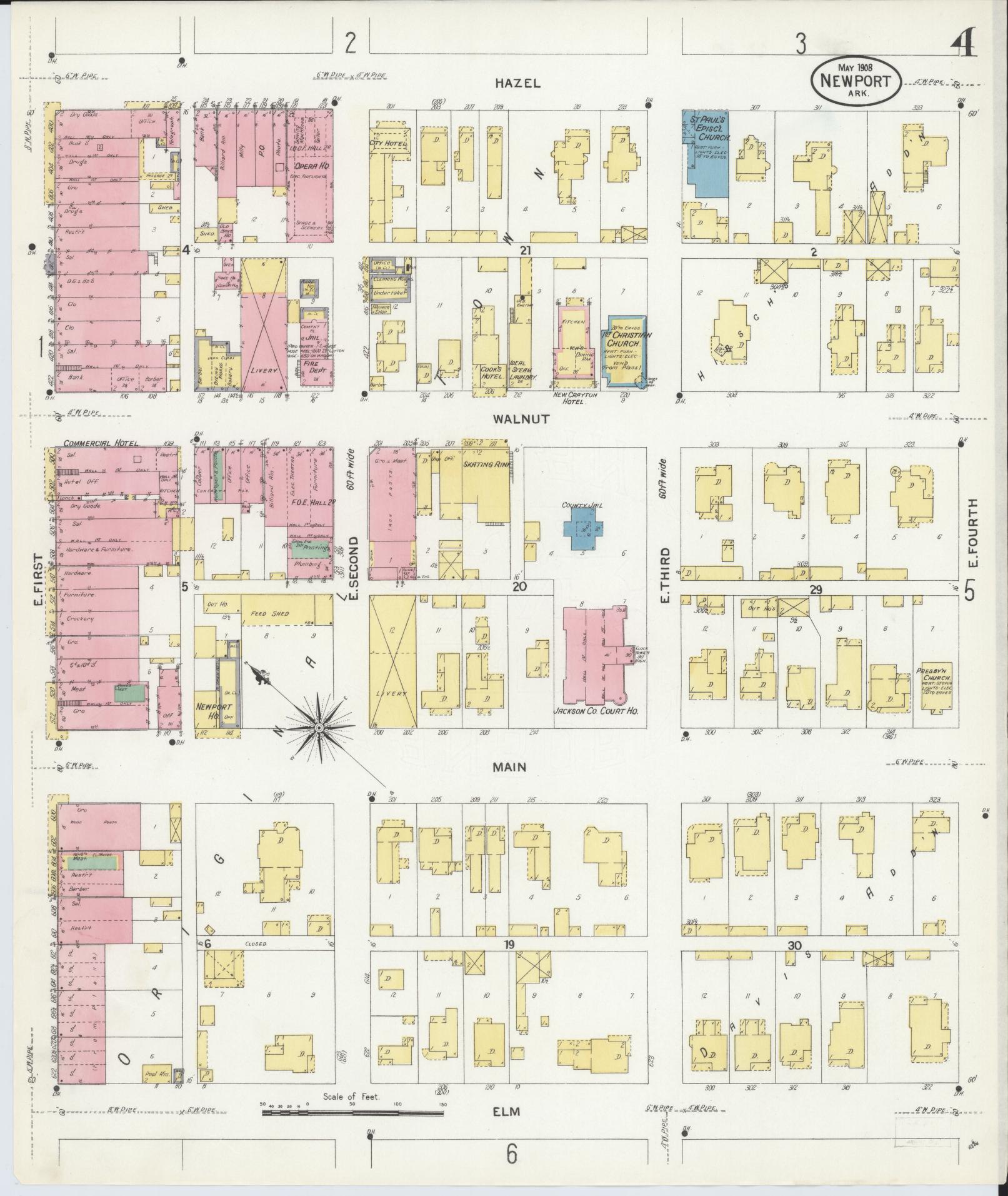 Sanborn Fire Insurance Map from Newport, Jackson County, Arkansas (1908), Sheet #0004 - Historic Sanborn Fire Insurance Map Print, vintage old map wall art, antique decor, genealogy gift, Arkansas Arkansas map