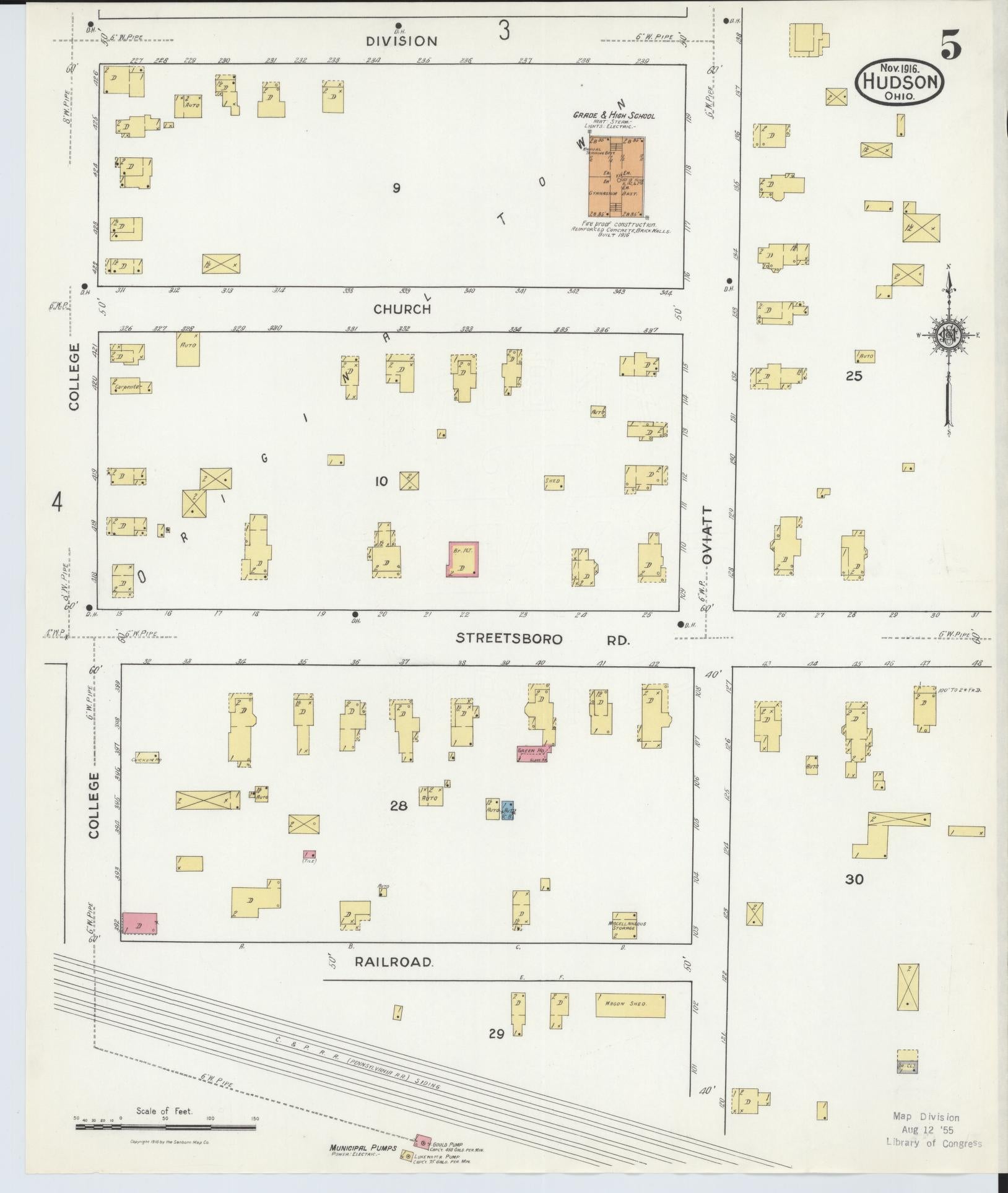 Sanborn Fire Insurance Map from Hudson, Summit County, Ohio (1916), Sheet #0005 - Historic Sanborn Fire Insurance Map Print, vintage old map wall art, antique decor, genealogy gift, Ohio Ohio map