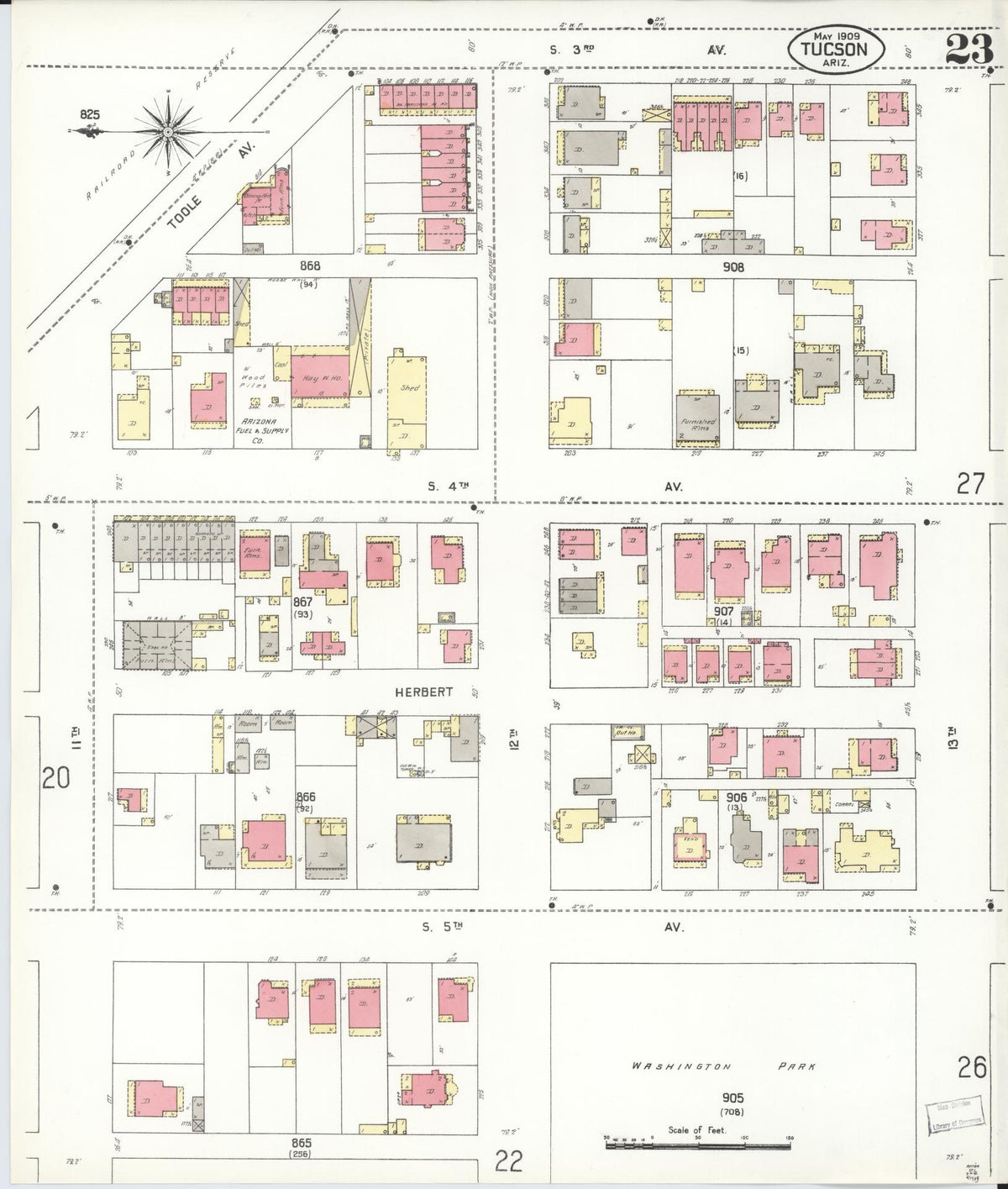 Sanborn Fire Insurance Map from Tucson, Pima County, Arizona (1909), Sheet #0023 - Historic Sanborn Fire Insurance Map Print, vintage old map wall art, antique decor, genealogy gift, Arizona Arizona map