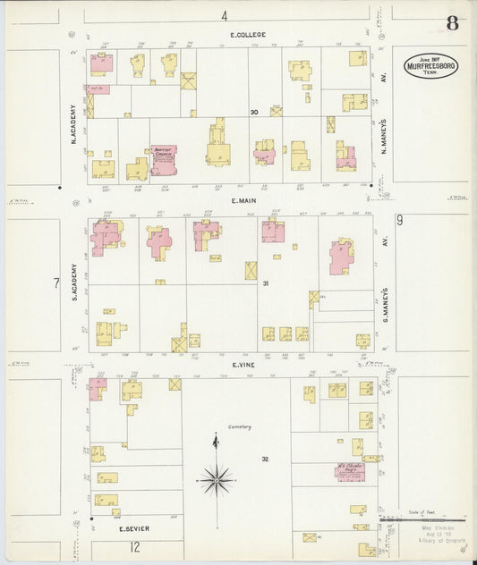 Sanborn Fire Insurance Map from Murfreesboro, Rutherford County, Tennessee (1907), Sheet #0008 - Historic Sanborn Fire Insurance Map Print, vintage old map wall art, antique decor, genealogy gift, Tennessee Tennessee map