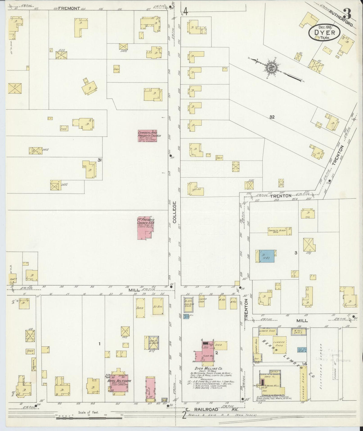 Sanborn Fire Insurance Map from Dyer, Gibson County, Tennessee (1912), Sheet #0003 - Historic Sanborn Fire Insurance Map Print, vintage old map wall art, antique decor, genealogy gift, Tennessee Tennessee map