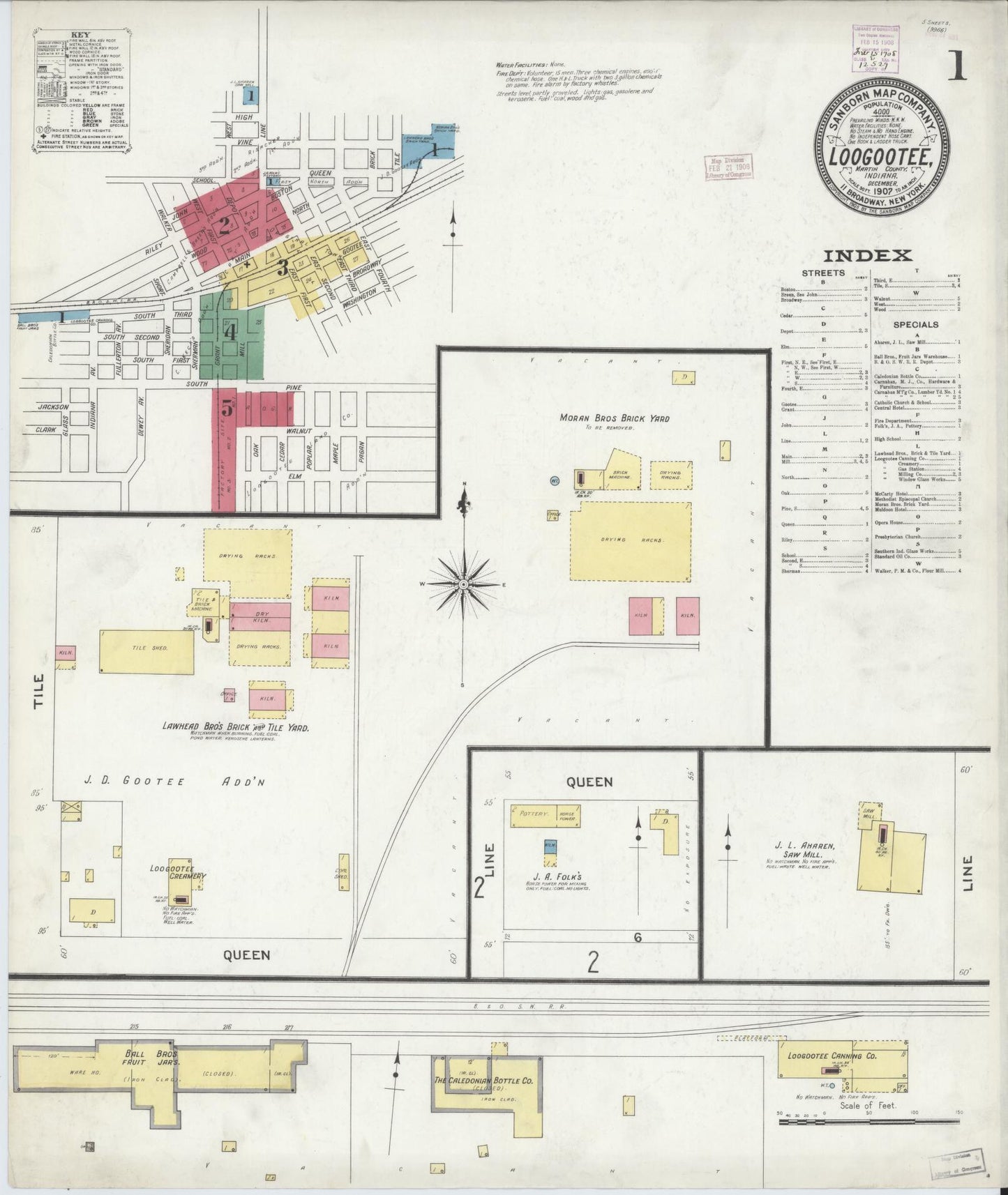 Sanborn Fire Insurance Map from Loogootee, Martin County, Indiana (1907), Sheet #0001 - Historic Sanborn Fire Insurance Map Print, vintage old map wall art, antique decor, genealogy gift, Indiana Indiana map