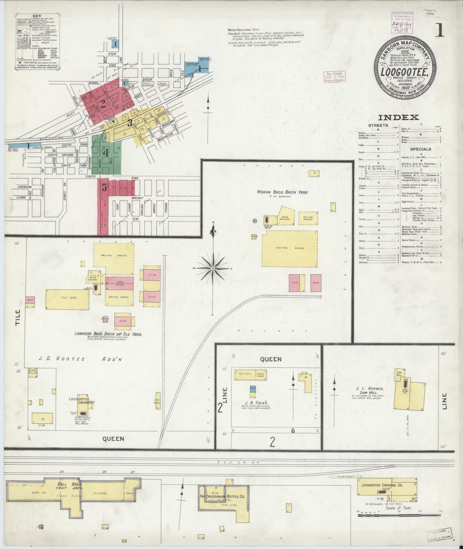 Sanborn Fire Insurance Map from Loogootee, Martin County, Indiana (1907), Sheet #0001 - Historic Sanborn Fire Insurance Map Print, vintage old map wall art, antique decor, genealogy gift, Indiana Indiana map