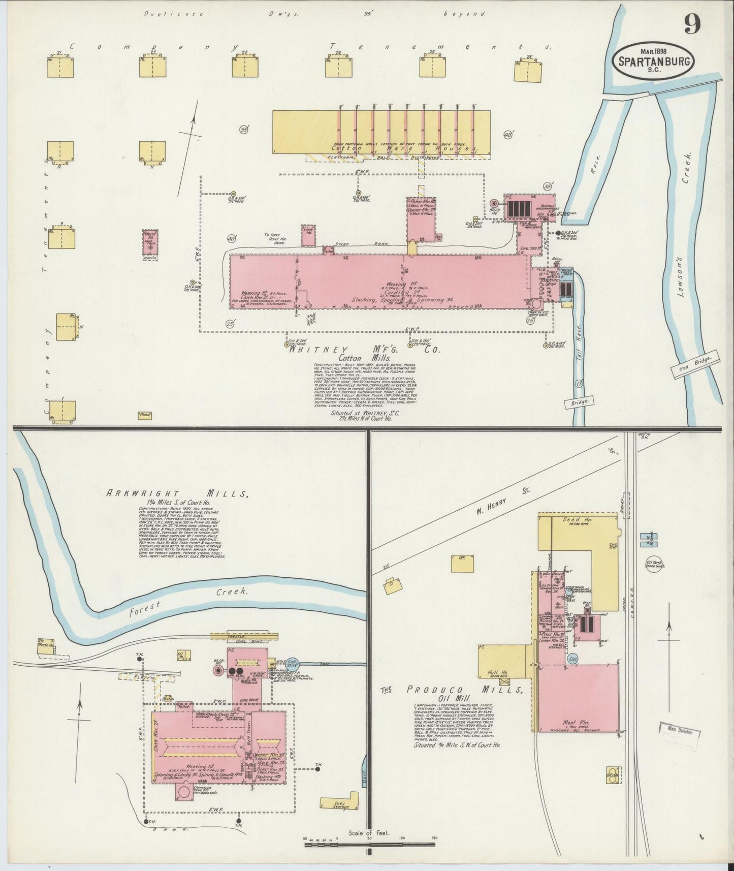 Sanborn Fire Insurance Map from Spartanburg, Spartanburg County, South Carolina (1898), Sheet #0009 - Complete Map Set gallery image, historic Sanborn map, vintage wall art, South Carolina South Carolina