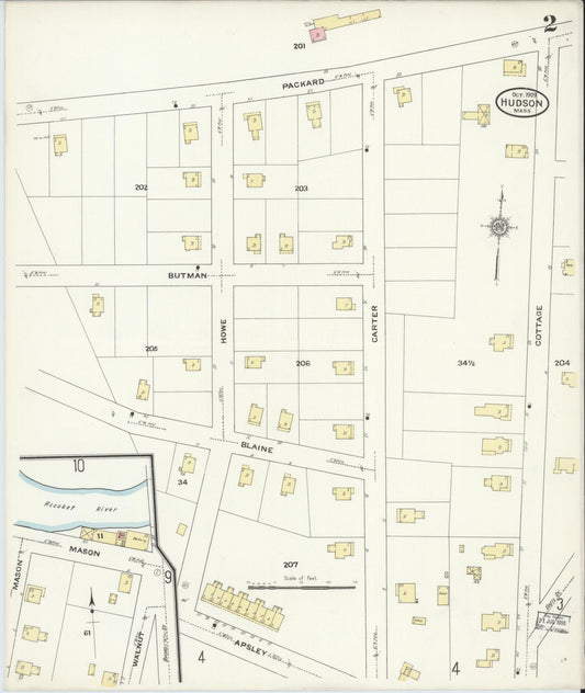 Sanborn Fire Insurance Map from Hudson, Middlesex County, Massachusetts (1909), Sheet #0002 - Historic Sanborn Fire Insurance Map Print, vintage old map wall art, antique decor, genealogy gift, Massachusetts Massachusetts map