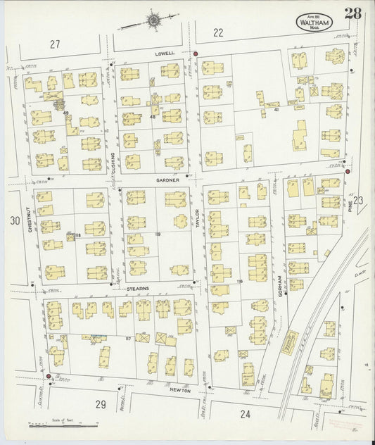 Sanborn Fire Insurance Map from Waltham, Middlesex County, Massachusetts (1911), Sheet #0028 - Historic Sanborn Fire Insurance Map Print, vintage old map wall art, antique decor, genealogy gift, Massachusetts Massachusetts map