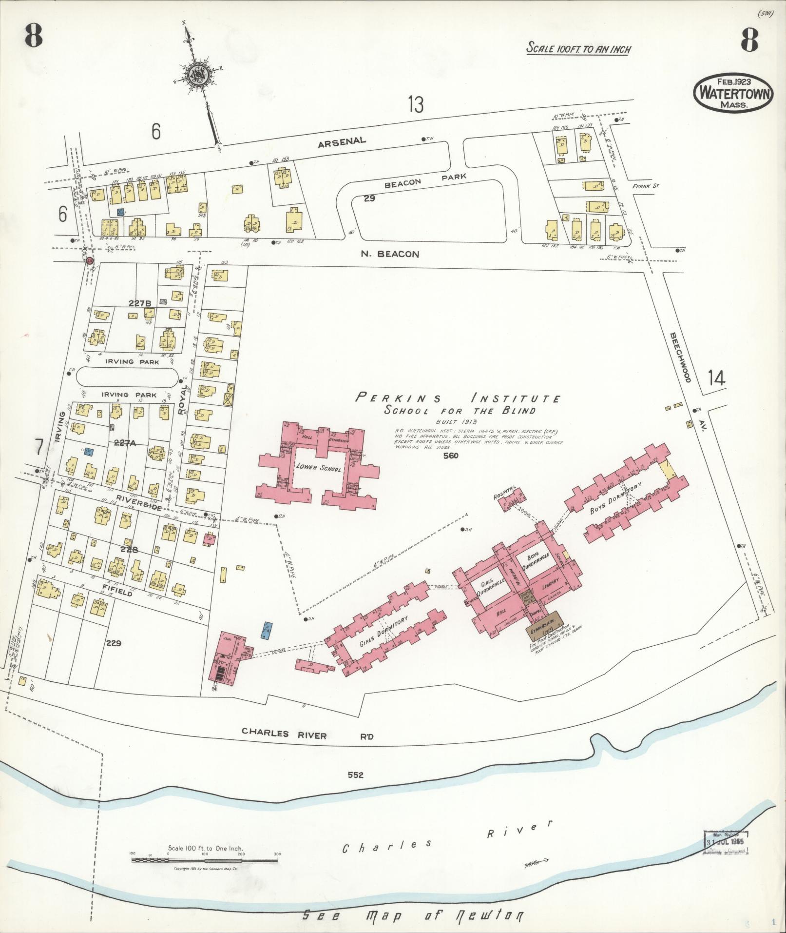 Sanborn Fire Insurance Map from Watertown, Middlesex County, Massachusetts (1923), Sheet #0008 - Historic Sanborn Fire Insurance Map Print, vintage old map wall art, antique decor, genealogy gift, Massachusetts Massachusetts map