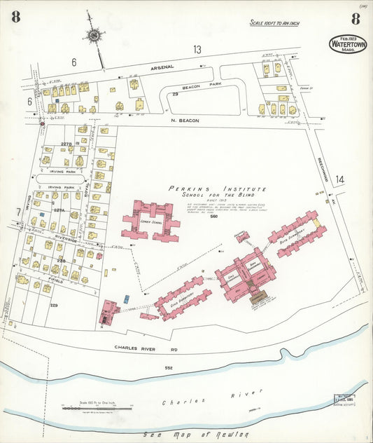 Sanborn Fire Insurance Map from Watertown, Middlesex County, Massachusetts (1923), Sheet #0008 - Historic Sanborn Fire Insurance Map Print, vintage old map wall art, antique decor, genealogy gift, Massachusetts Massachusetts map