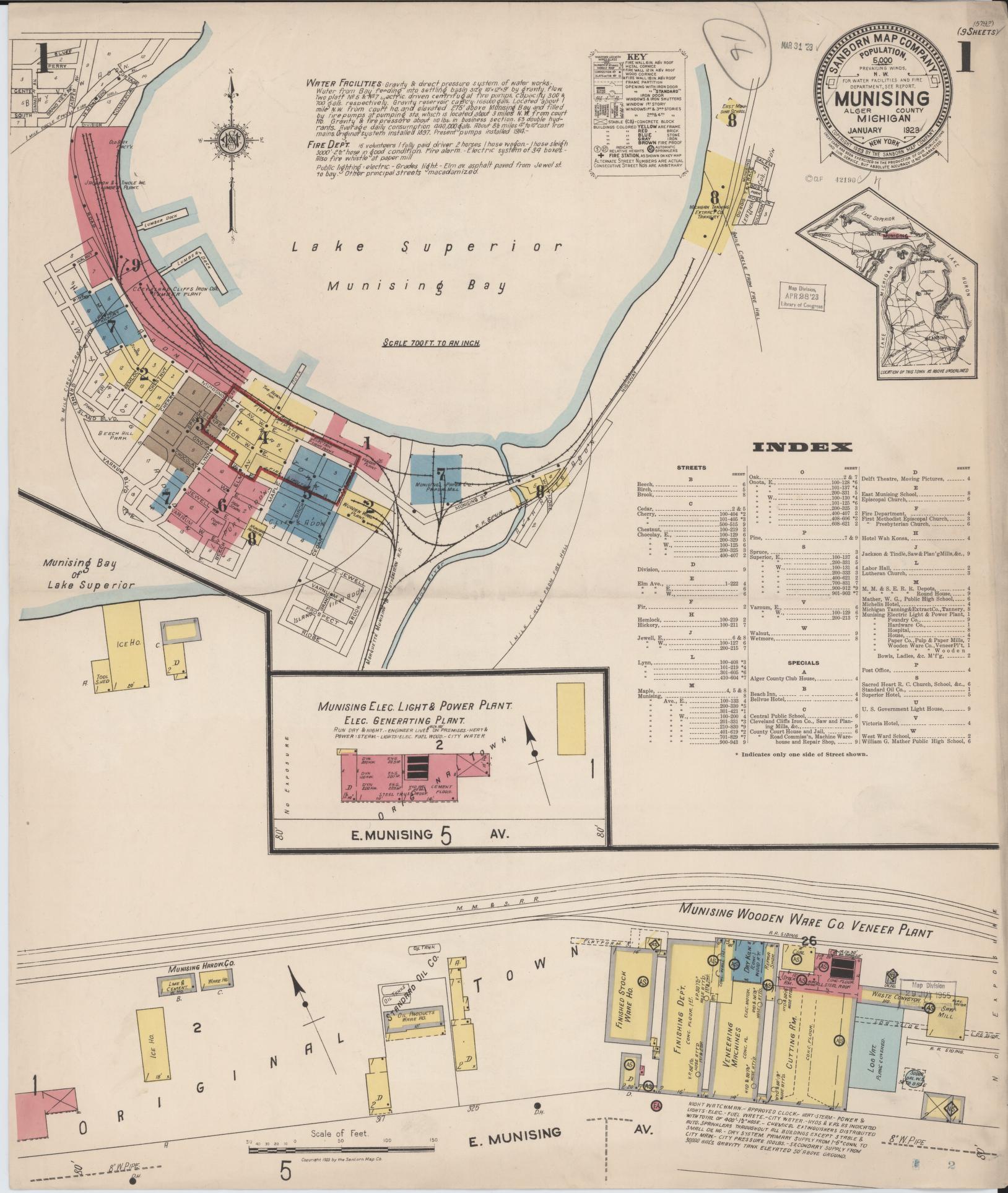 Sanborn Fire Insurance Map from Munising, Alger County, Michigan (1923), Sheet #0001 - Complete Map Set gallery image, historic Sanborn map, vintage wall art, Michigan Michigan