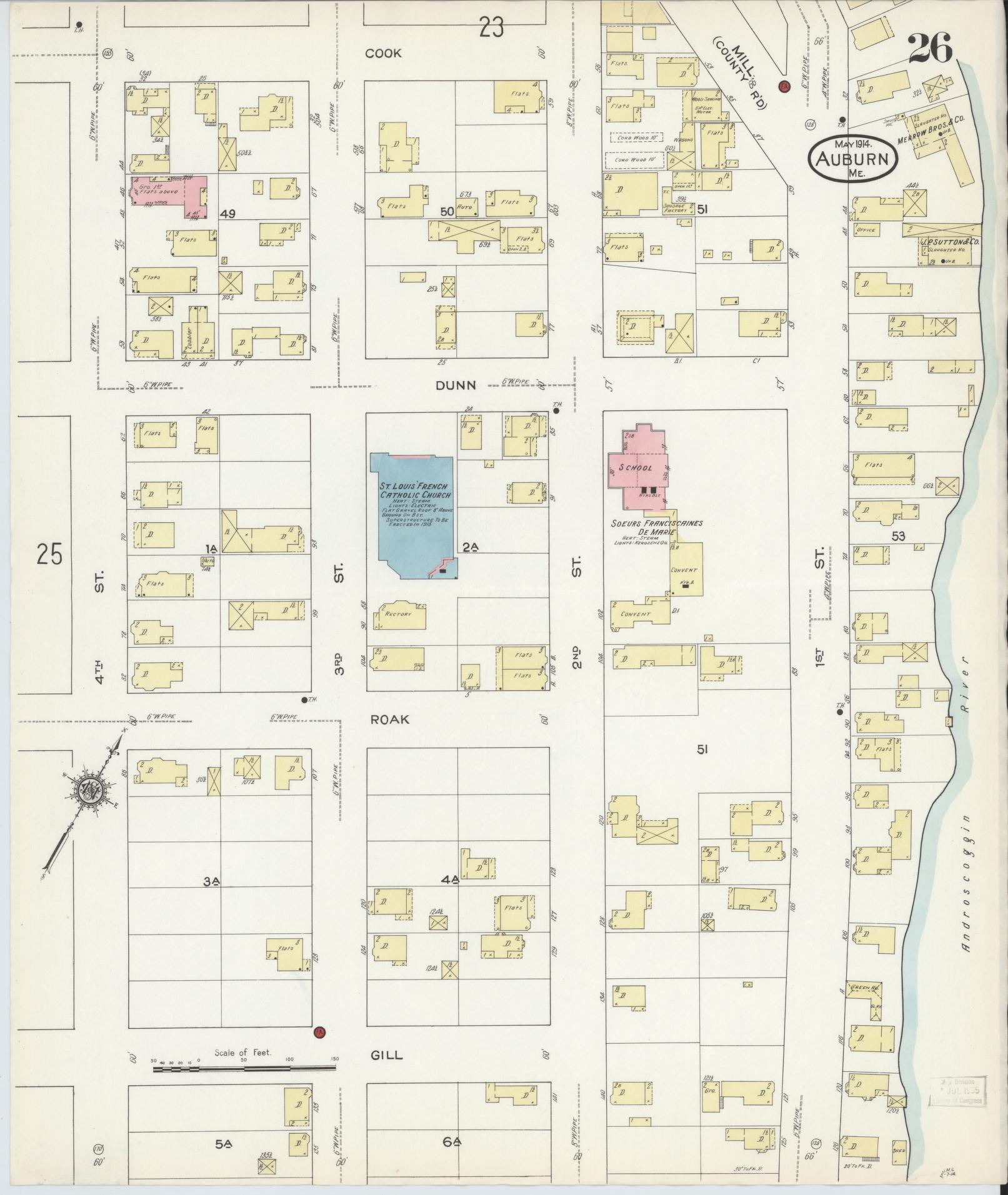 Sanborn Fire Insurance Map from Auburn, Androscoggin County, Maine (1914), Sheet #0026 - Historic Sanborn Fire Insurance Map Print, vintage old map wall art, antique decor, genealogy gift, Maine Maine map