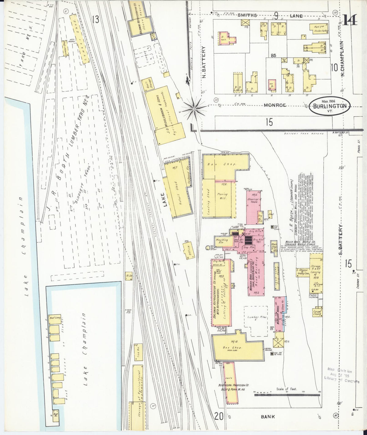 Sanborn Fire Insurance Map from Burlington, Chittenden County, Vermont (1906), Sheet #0014 - Historic Sanborn Fire Insurance Map Print, vintage old map wall art, antique decor, genealogy gift, Vermont Vermont map