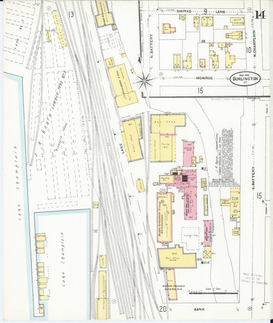 Sanborn Fire Insurance Map from Burlington, Chittenden County, Vermont (1906), Sheet #0014 - Historic Sanborn Fire Insurance Map Print, vintage old map wall art, antique decor, genealogy gift, Vermont Vermont map