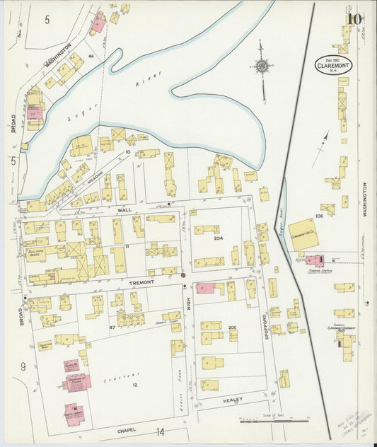 Sanborn Fire Insurance Map from Claremont, Sullivan County, New Hampshire (1910), Sheet #0010 - Historic Sanborn Fire Insurance Map Print, vintage old map wall art, antique decor, genealogy gift, New Hampshire New Hampshire map