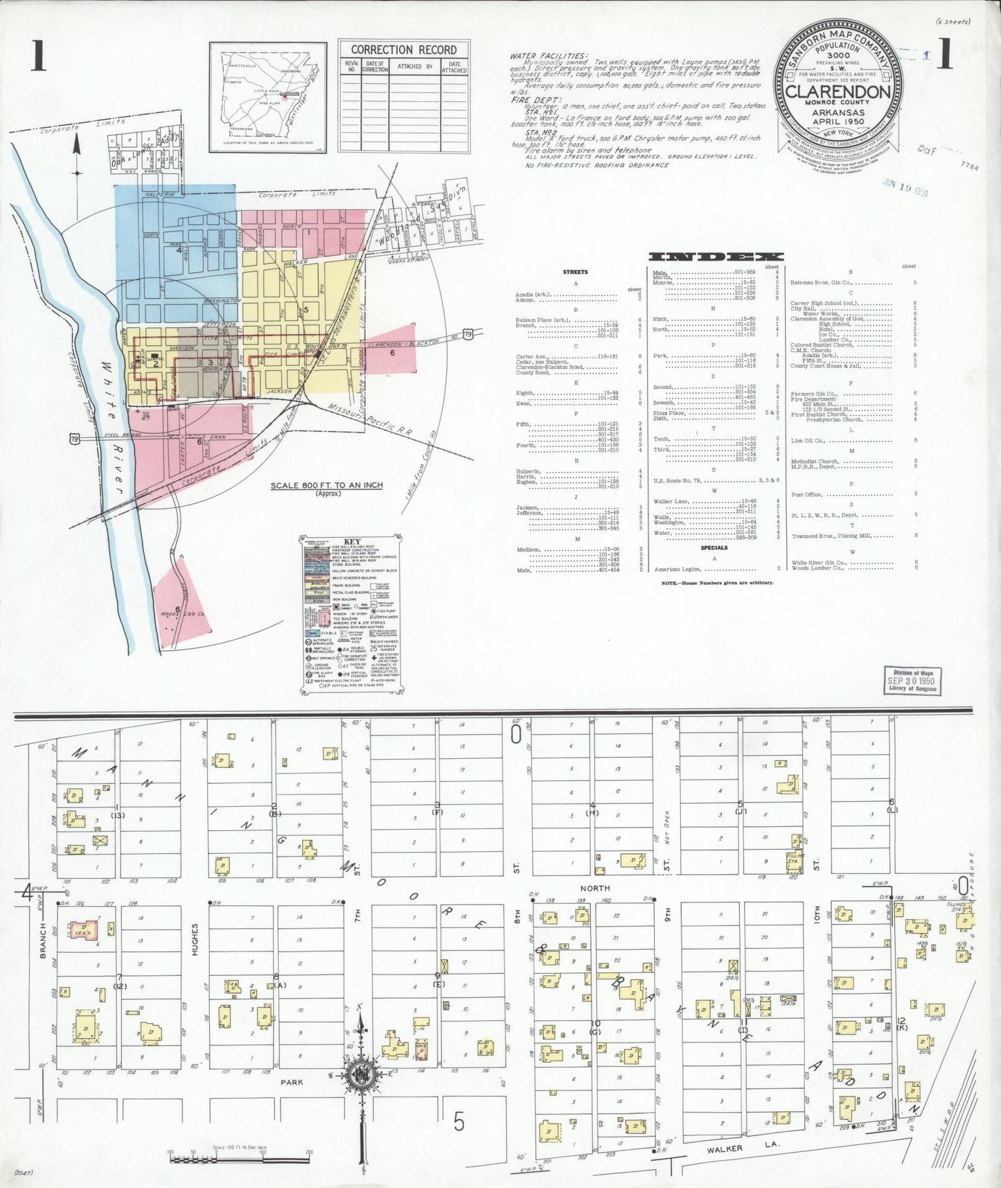 Sanborn Fire Insurance Map from Clarendon, Monroe County, Arkansas (1950), Sheet #0001 - Complete Map Set gallery image, historic Sanborn map, vintage wall art, Arkansas Arkansas