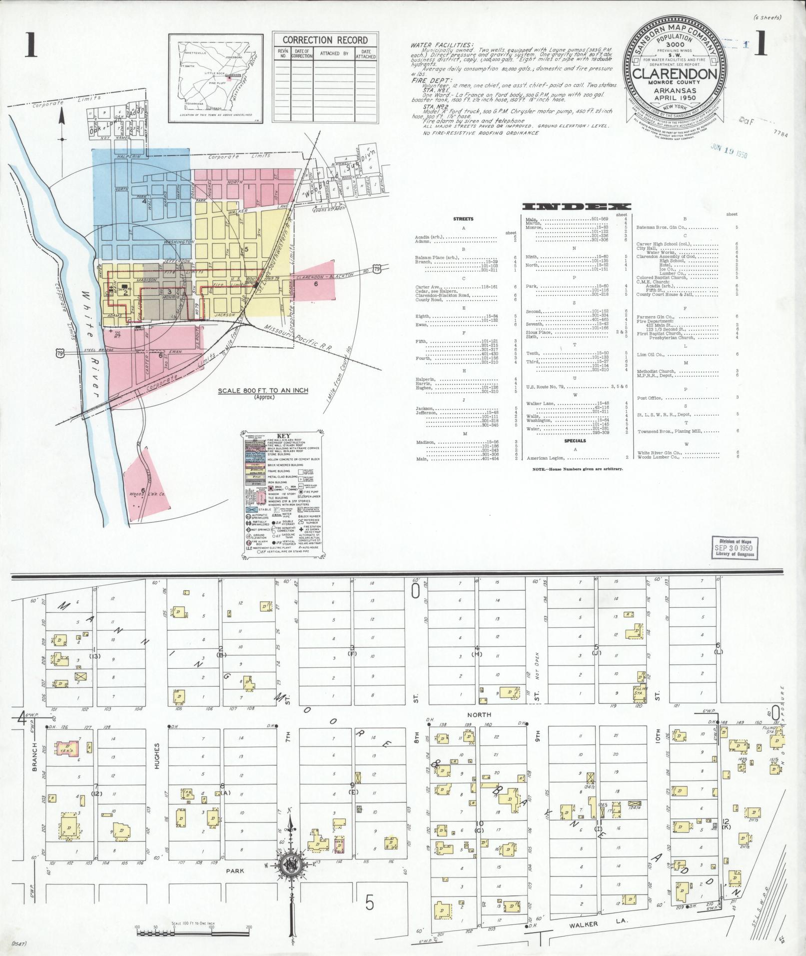 Sanborn Fire Insurance Map from Clarendon, Monroe County, Arkansas (1950), Sheet #0001 - Complete Map Set gallery image, historic Sanborn map, vintage wall art, Arkansas Arkansas