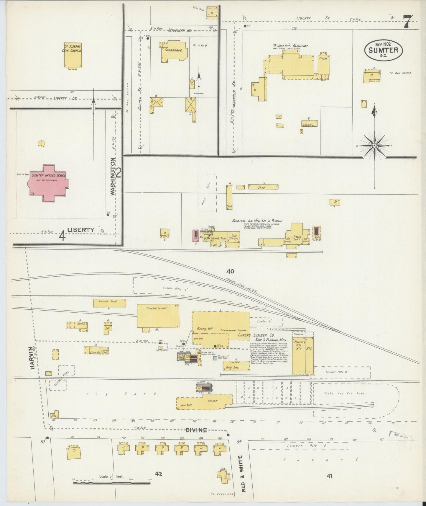 Sanborn Fire Insurance Map from Sumter, Sumter County, South Carolina (1902), Sheet #0007 - Historic Sanborn Fire Insurance Map Print, vintage old map wall art, antique decor, genealogy gift, South Carolina South Carolina map