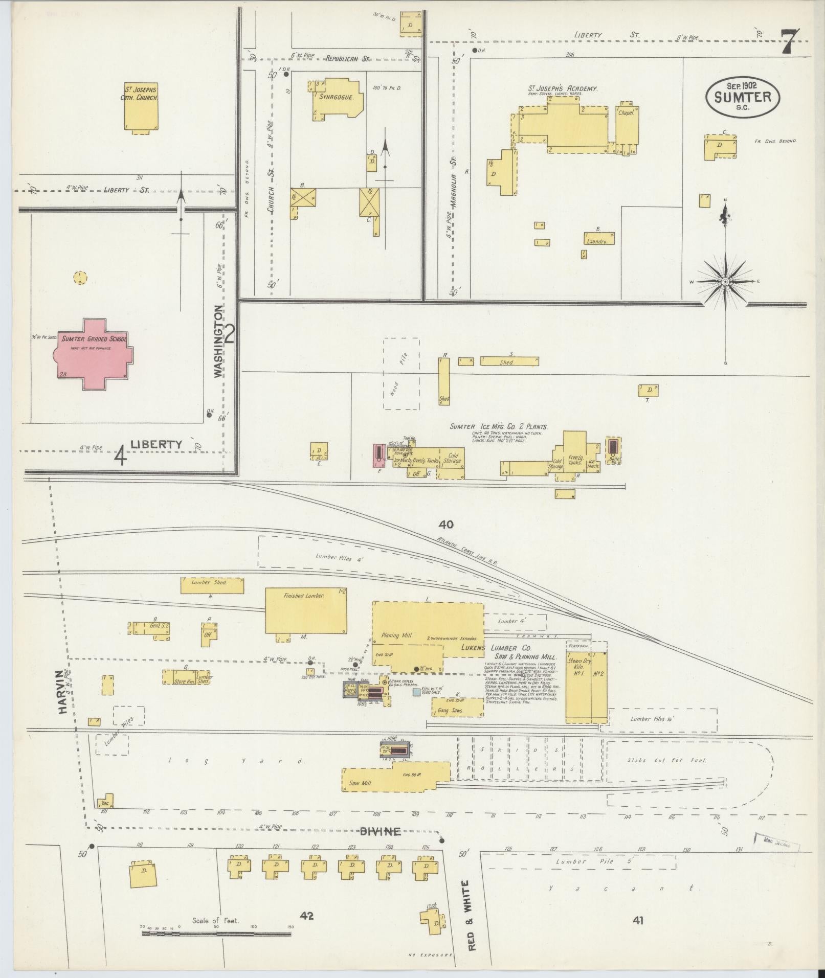 Sanborn Fire Insurance Map from Sumter, Sumter County, South Carolina (1902), Sheet #0007 - Historic Sanborn Fire Insurance Map Print, vintage old map wall art, antique decor, genealogy gift, South Carolina South Carolina map