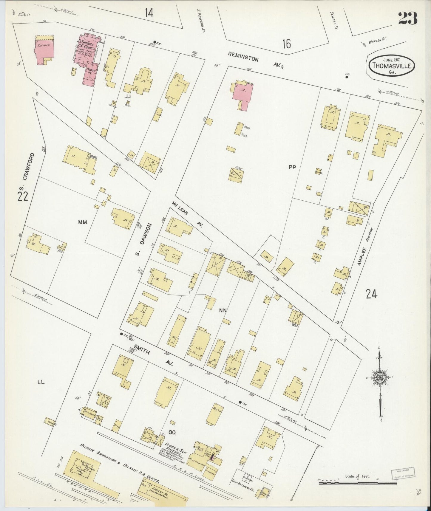 Sanborn Fire Insurance Map from Thomasville, Thomas County, Georgia (1912), Sheet #0023 - Historic Sanborn Fire Insurance Map Print, vintage old map wall art, antique decor, genealogy gift, Georgia Georgia map