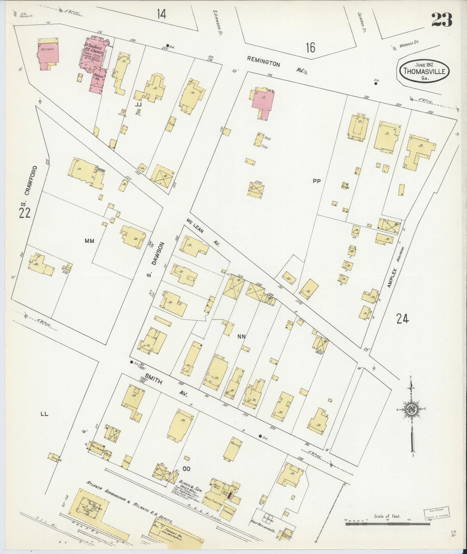 Sanborn Fire Insurance Map from Thomasville, Thomas County, Georgia (1912), Sheet #0023 - Historic Sanborn Fire Insurance Map Print, vintage old map wall art, antique decor, genealogy gift, Georgia Georgia map