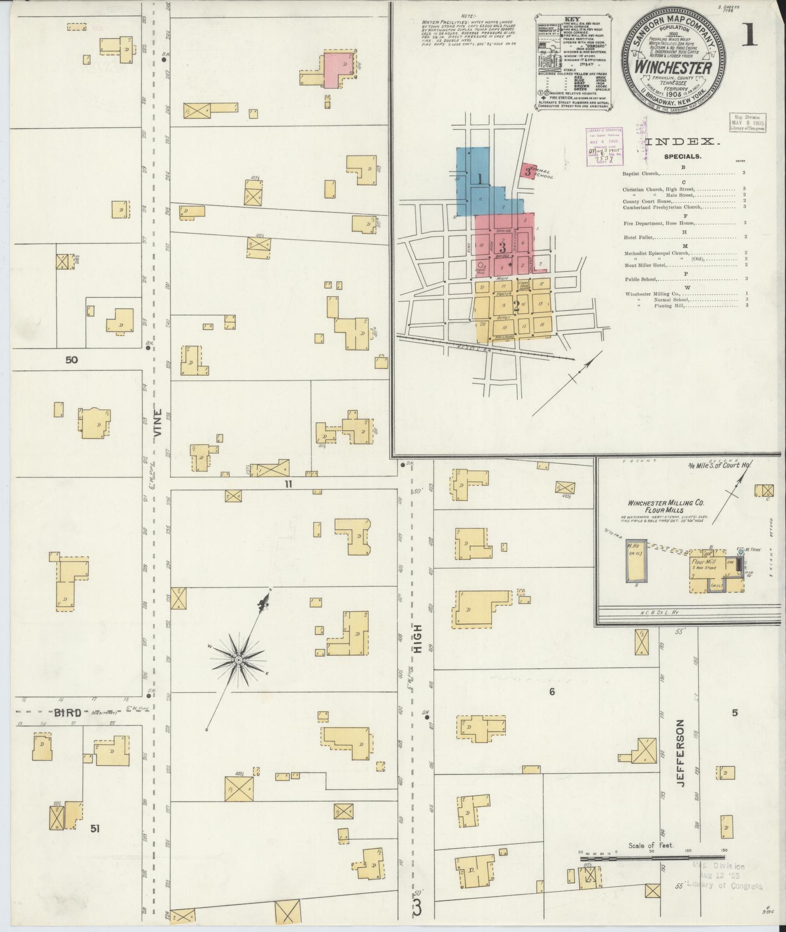 Sanborn Fire Insurance Map from Winchester, Franklin  County, Tennessee (1905), Sheet #0001 - Complete Map Set gallery image, historic Sanborn map, vintage wall art, Tennessee Tennessee
