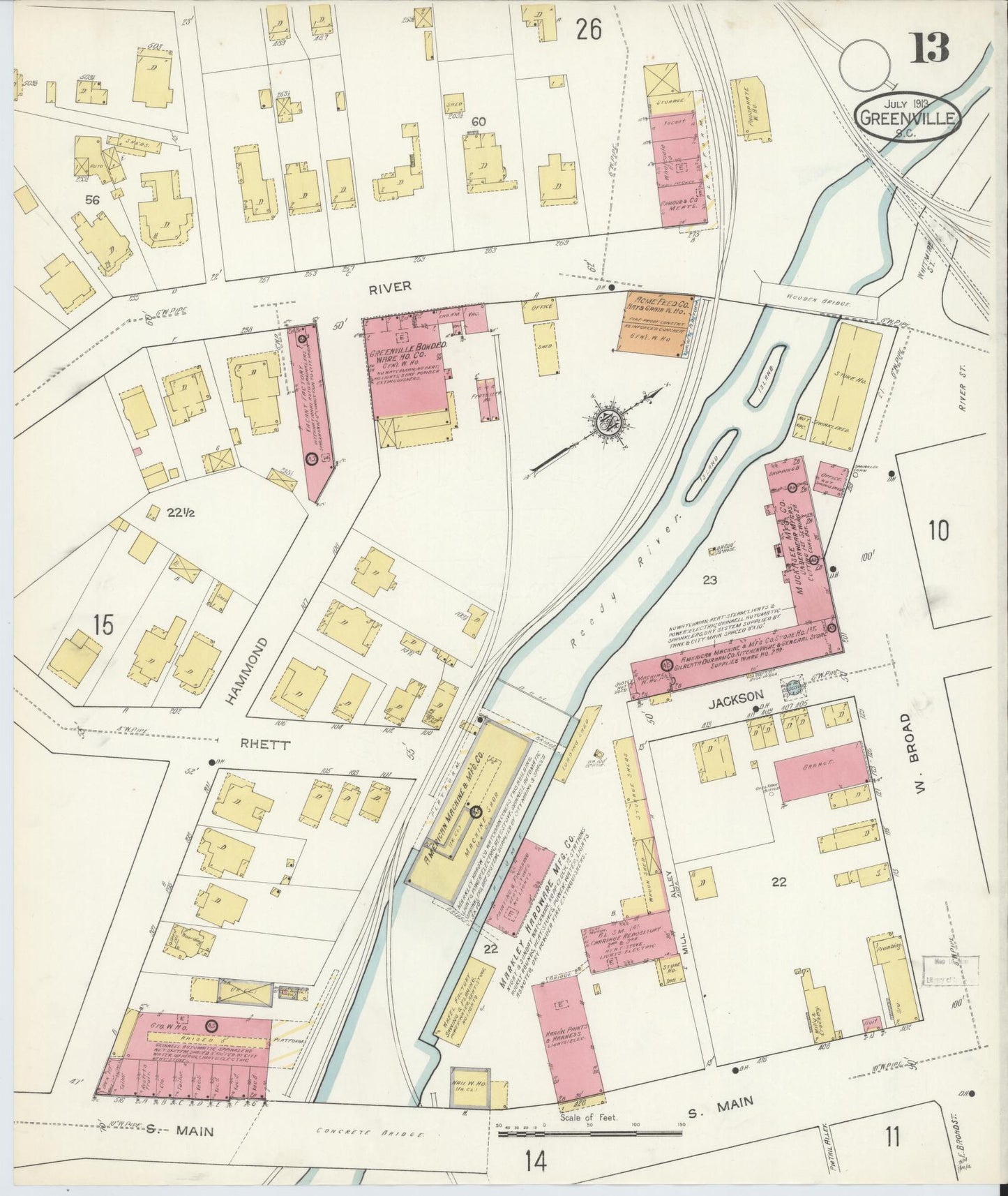 Sanborn Fire Insurance Map from Greenville, Greenville County, South Carolina (1913), Sheet #0013 - Historic Sanborn Fire Insurance Map Print, vintage old map wall art, antique decor, genealogy gift, South Carolina South Carolina map