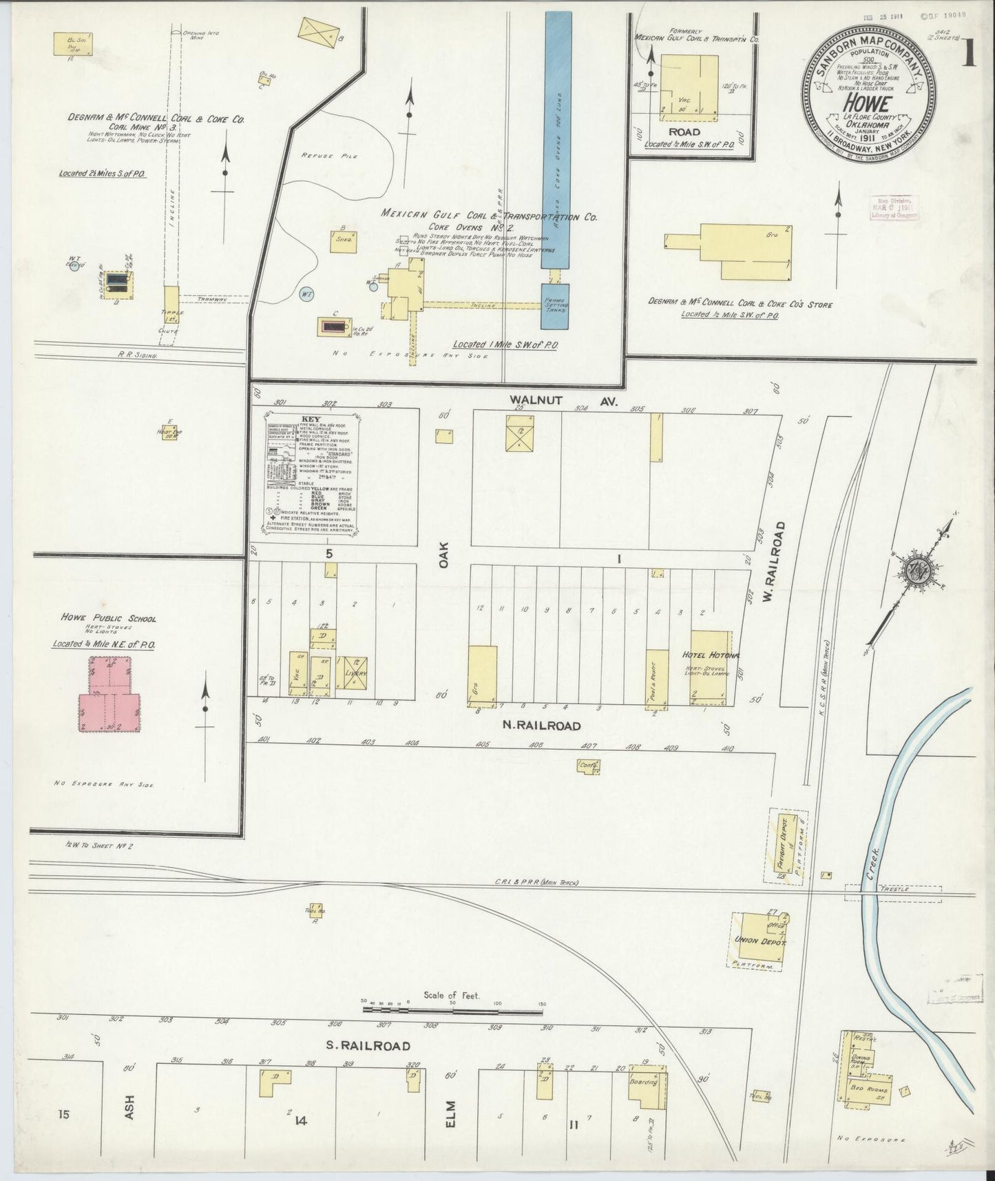 Sanborn Fire Insurance Map from Howe, Le Flore County, Oklahoma (1911), Sheet #0001 - Complete Map Set gallery image, historic Sanborn map, vintage wall art, Oklahoma Oklahoma