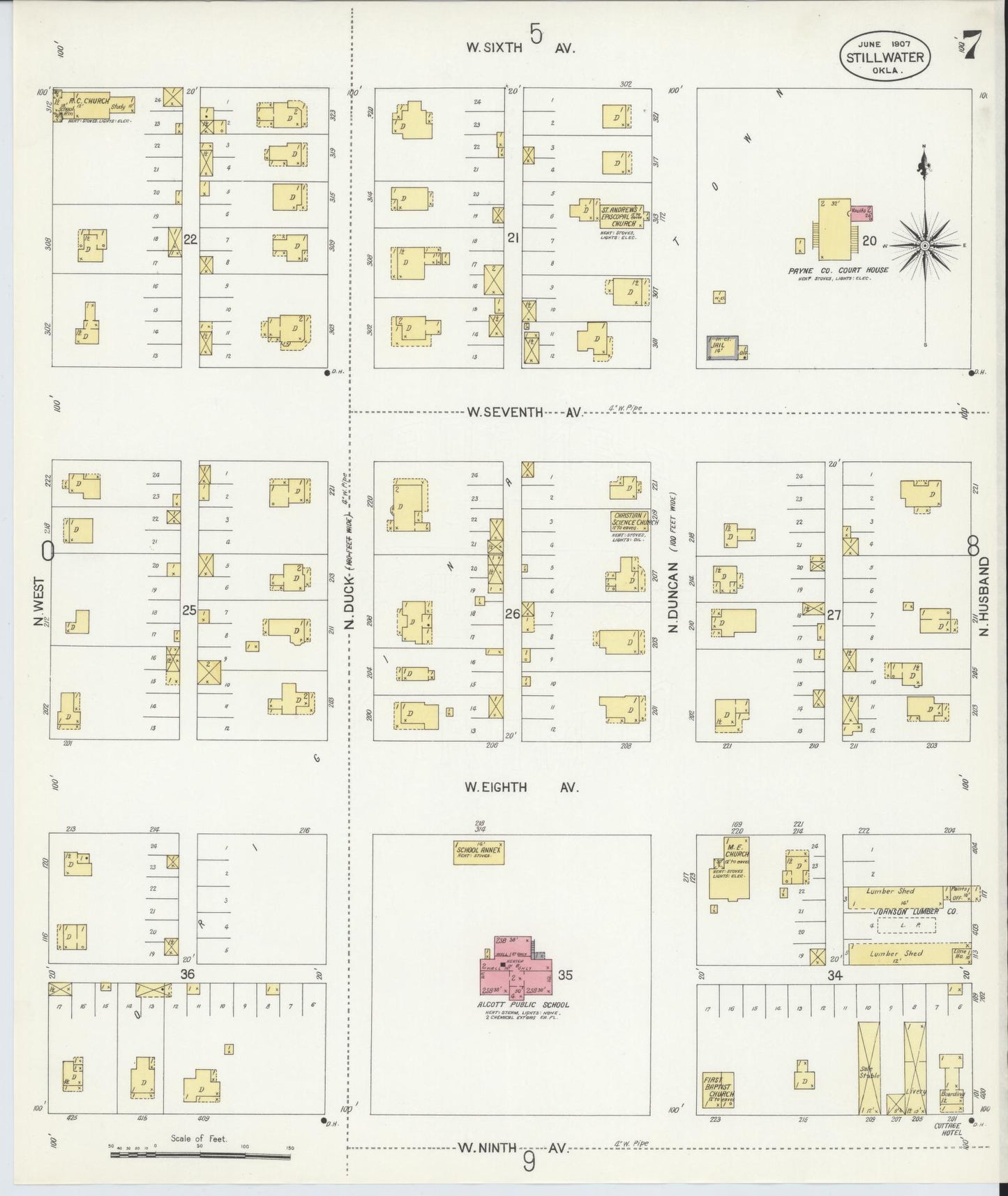 Sanborn Fire Insurance Map from Stillwater, Payne County, Oklahoma (1907), Sheet #0007 - Complete Map Set gallery image, historic Sanborn map, vintage wall art, Oklahoma Oklahoma
