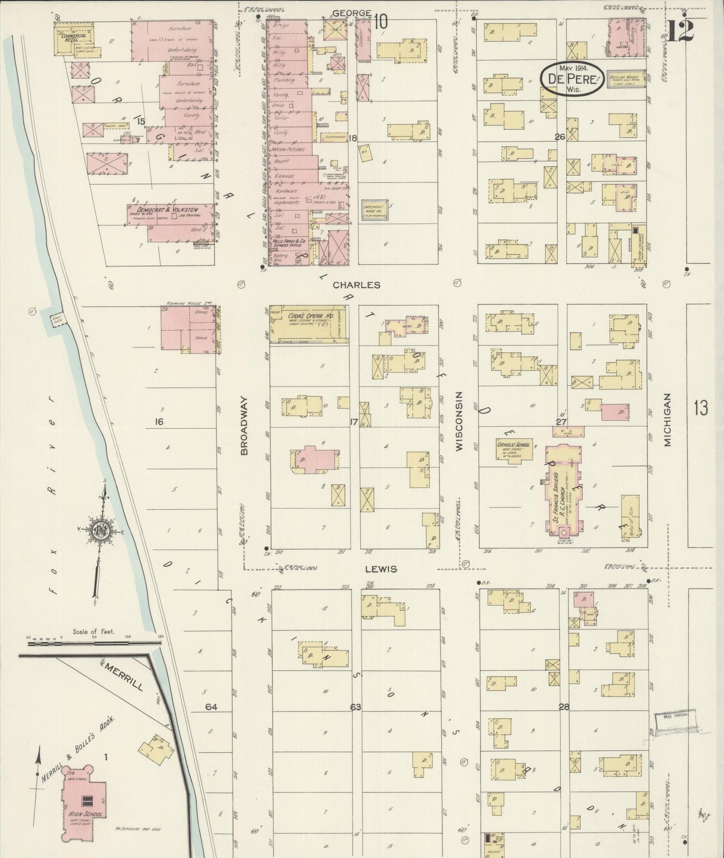 Sanborn Fire Insurance Map from De Pere, Brown County, Wisconsin (1914), Sheet #0012 - Historic Sanborn Fire Insurance Map Print, vintage old map wall art, antique decor, genealogy gift, Wisconsin Wisconsin map