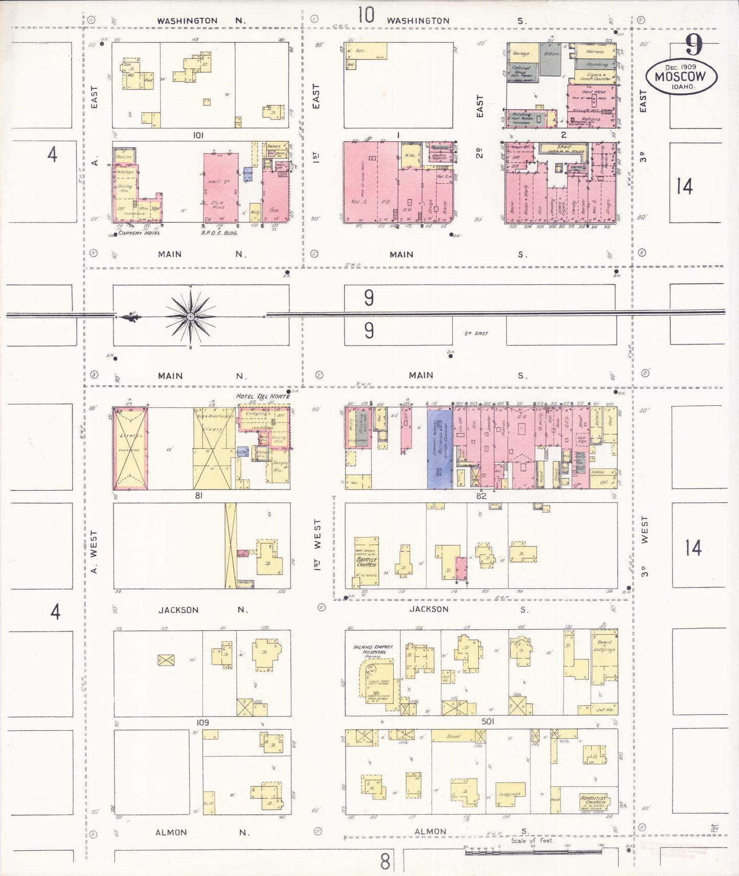Sanborn Fire Insurance Map from Moscow, Latah County, Idaho (1909), Sheet #0009 - Historic Sanborn Fire Insurance Map Print, vintage old map wall art, antique decor, genealogy gift, Idaho Idaho map