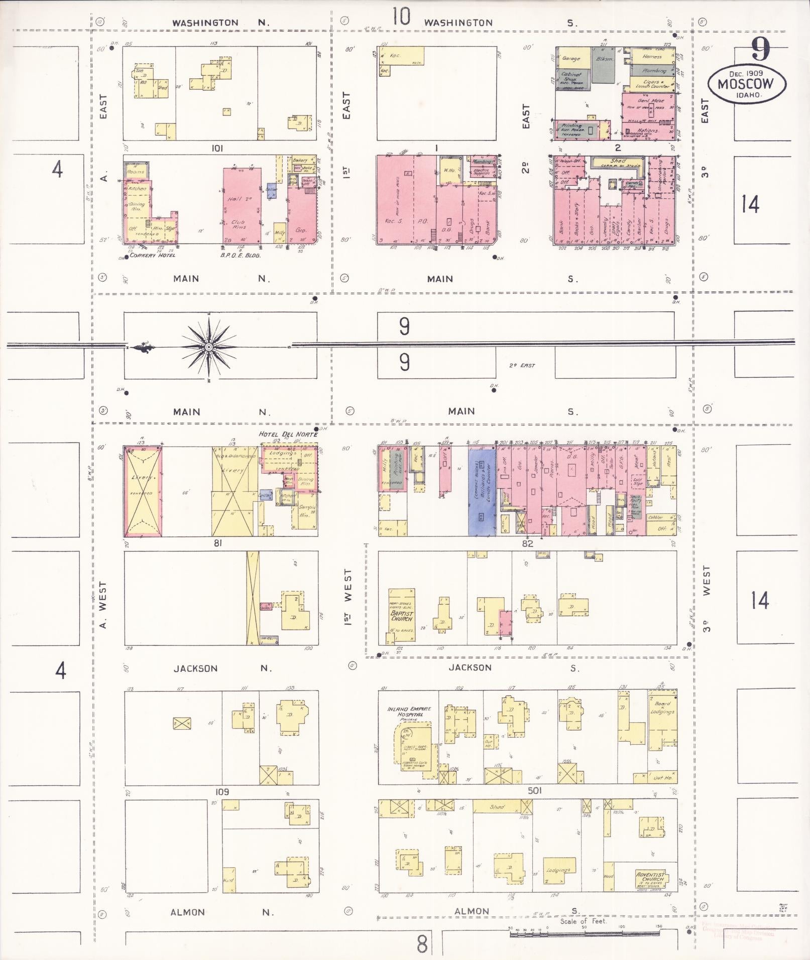 Sanborn Fire Insurance Map from Moscow, Latah County, Idaho (1909), Sheet #0009 - Historic Sanborn Fire Insurance Map Print, vintage old map wall art, antique decor, genealogy gift, Idaho Idaho map