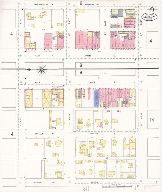 Sanborn Fire Insurance Map from Moscow, Latah County, Idaho (1909), Sheet #0009 - Historic Sanborn Fire Insurance Map Print, vintage old map wall art, antique decor, genealogy gift, Idaho Idaho map