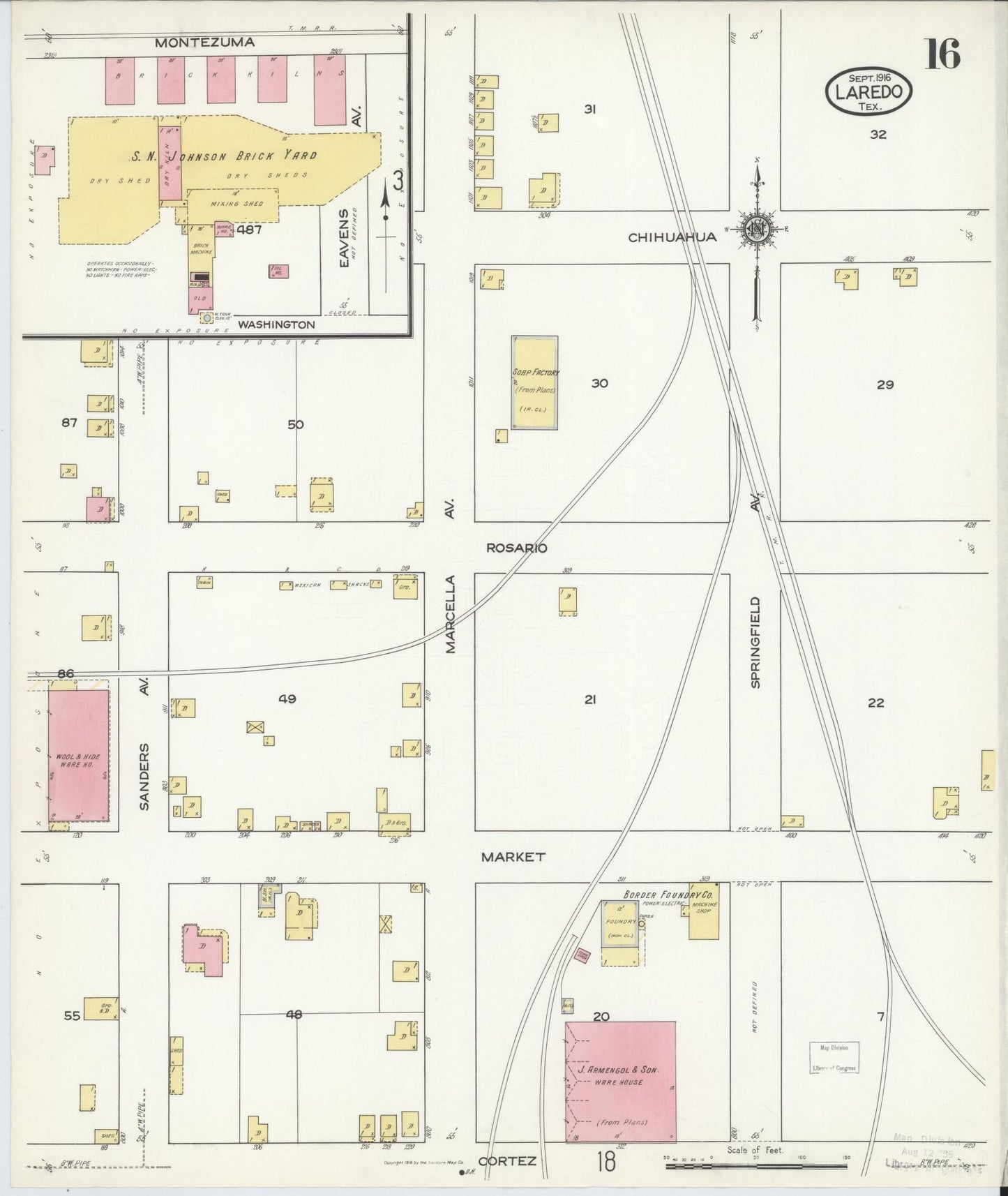 Sanborn Fire Insurance Map from Laredo, Webb County, Texas (1916), Sheet #0016 - Historic Sanborn Fire Insurance Map Print, vintage old map wall art, antique decor, genealogy gift, Texas Texas map