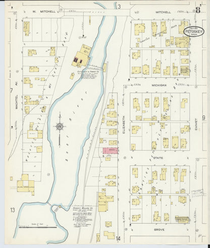 Sanborn Fire Insurance Map from Petoskey, Emmet County, Michigan (1913), Sheet #0008 - Historic Sanborn Fire Insurance Map Print, vintage old map wall art, antique decor, genealogy gift, Michigan Michigan map