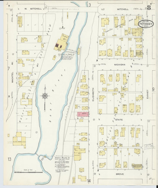 Sanborn Fire Insurance Map from Petoskey, Emmet County, Michigan (1913), Sheet #0008 - Historic Sanborn Fire Insurance Map Print, vintage old map wall art, antique decor, genealogy gift, Michigan Michigan map